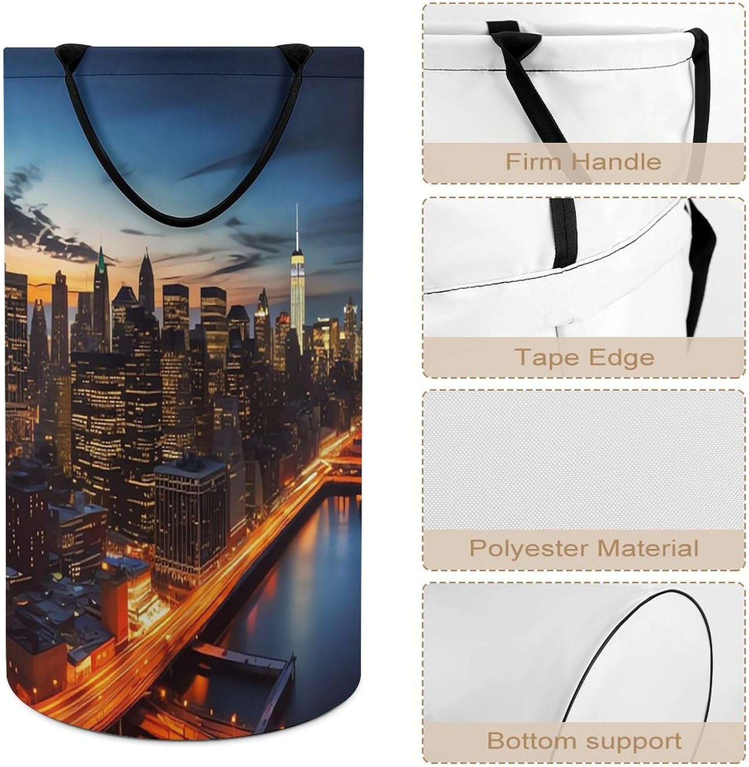 Large Capacity Dirty Clothes Basket, New York City Scenery Printed Laundry Hamper with Handles Waterproof,Collapsible Round Laundry Hamperare, Versatile And Can Be Placed in Bathrooms Bedrooms Livi