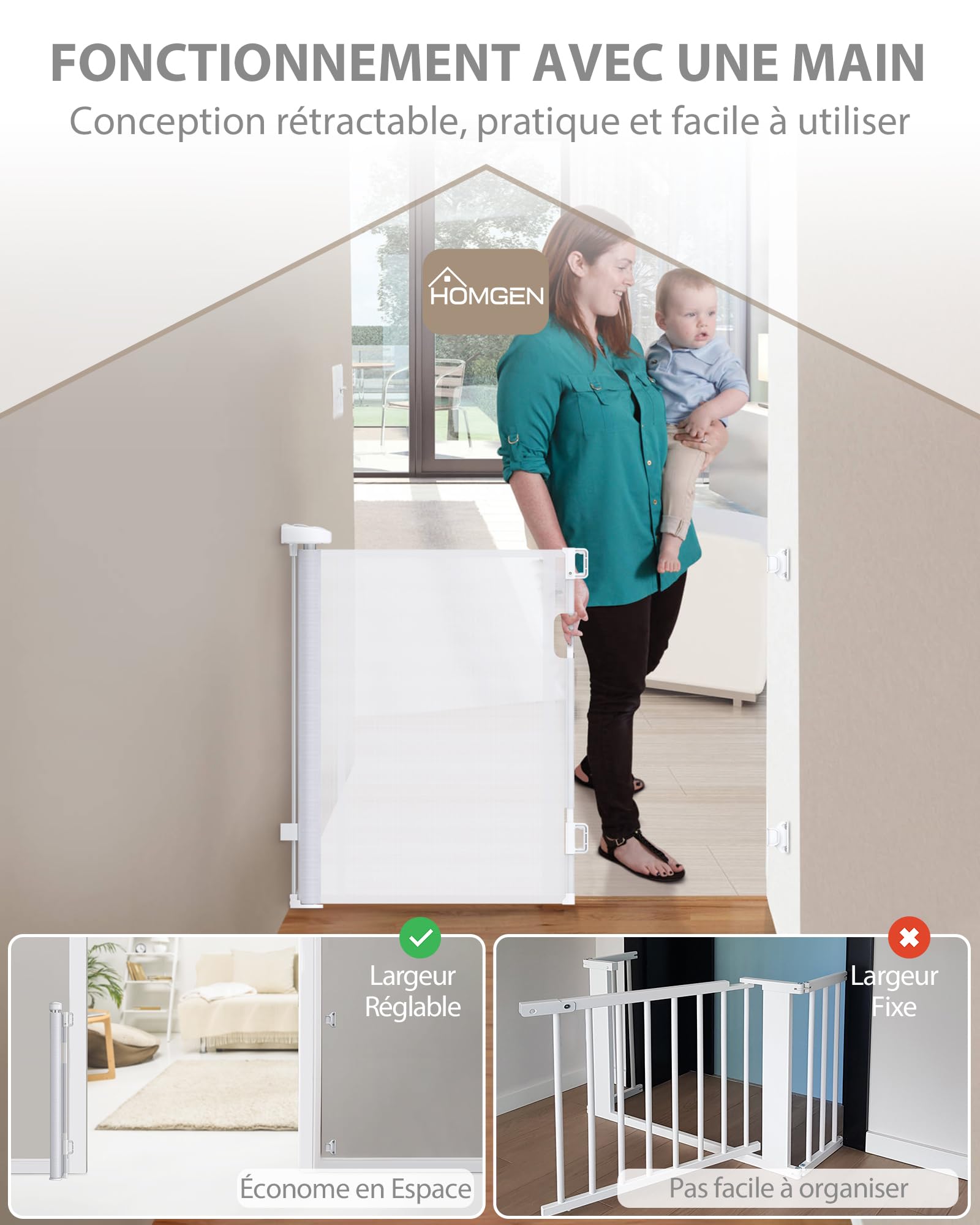 HOMGEN Barrière de Sécurité Pour Bébés Chiens Rétractables Durables 0-140 cm de Large Hauteur 86cm Facile à Installer Porte d’escalier Rétractable Porte Rétractable en PVC Porte pour la maison (Blanc)