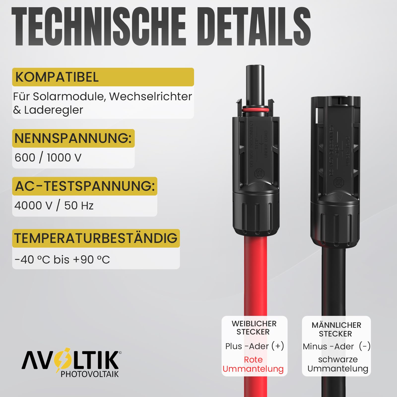 avoltik 2x 10m Solarkabel in 6mm2 I TÜV-zertifiziertes Balkonkraftwerkkabel I Robustes PV Kabel doppelt isoliert & wetterfest I IP67 Solar-Anschlusskabel I Photovoltaik Kabel rot & schwarz