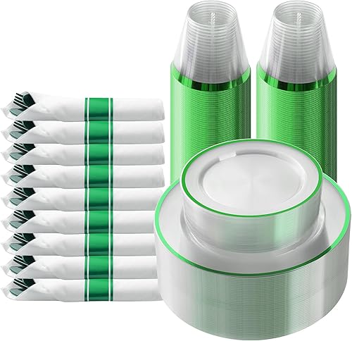 Miniatura 10 de Goodluck Juego de 350 piezas de vajilla de plástico negro para fiesta, platos desechables transparentes para 50 invitados, incluye: 50 platos de