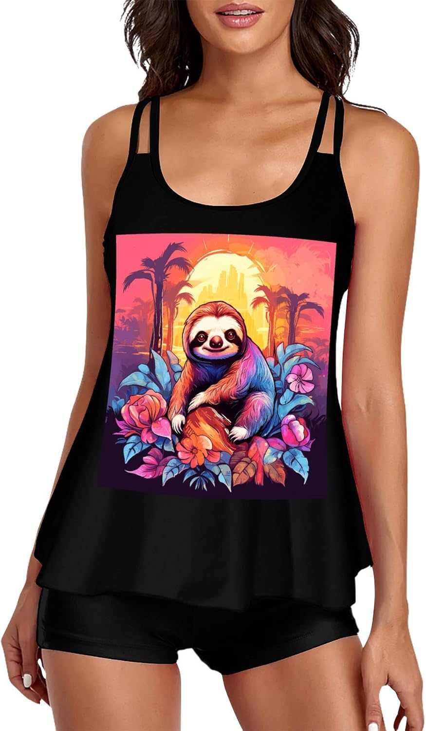 Jungle Sloth Tankini Swimsuits for Women Tummy Control Two Piece Bathing Suits Swim Tops with Boy Shorts