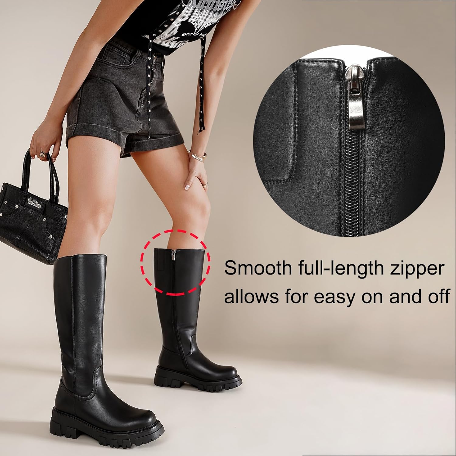 CouieCuies Women's Knee High Boots Black Tall Boot Lug Sole Shoes Below the Knee Comfortable Chunky Platform Dressy Boots Zipper