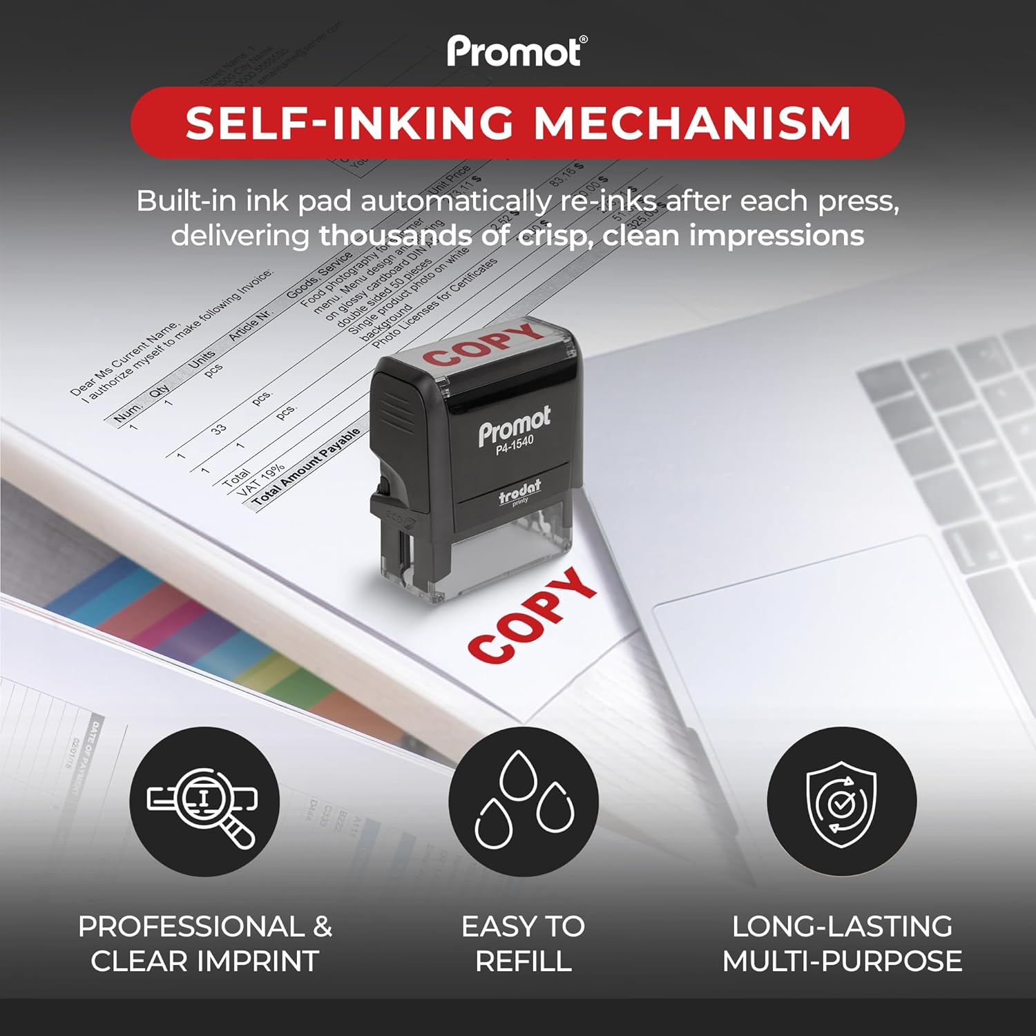 Promot Copy Self Inking Rubber Stamp - Refillable Stampers for Office - Business, Accounting, Bookkeeping, Coding, Legal, Notary, Work, Ordering, Inventory Stamps - Red Ink