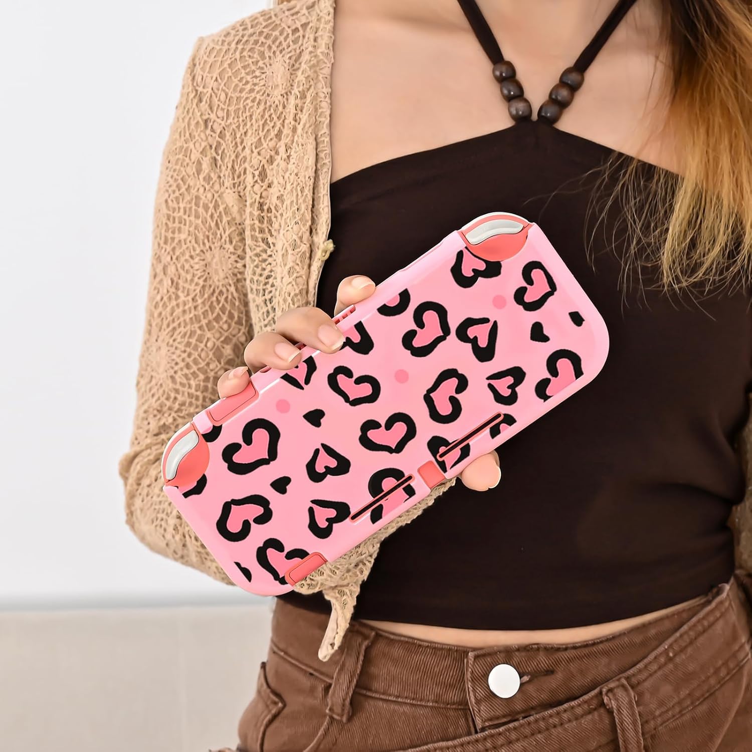 DLseego Case Design for Switch Lite Console 2019, Anti-Slip Shock-Absorption Plastic Protective Hard Carrying Case and Joy Con Controller with 4 PCS Cat Paw Thumb Grips Caps - Heart Pink - Image 3