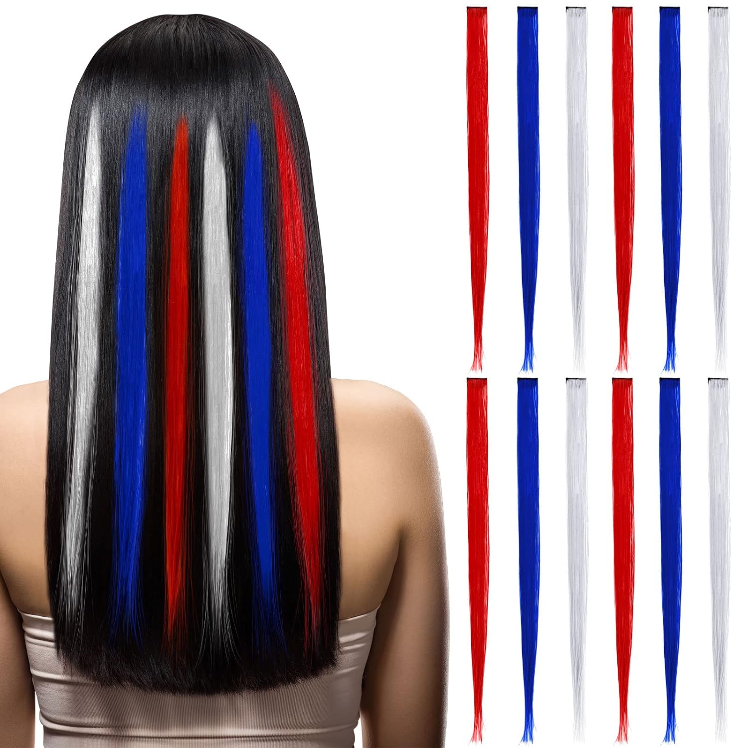 Colored 24 Pcs Halloween Hair Extensions 20 Inch Heat-Resistant Straight Hair Wig Rainbow Colorful Party Hairpieces for Independence Day Pride Month LGBT Party(Red Blue White)