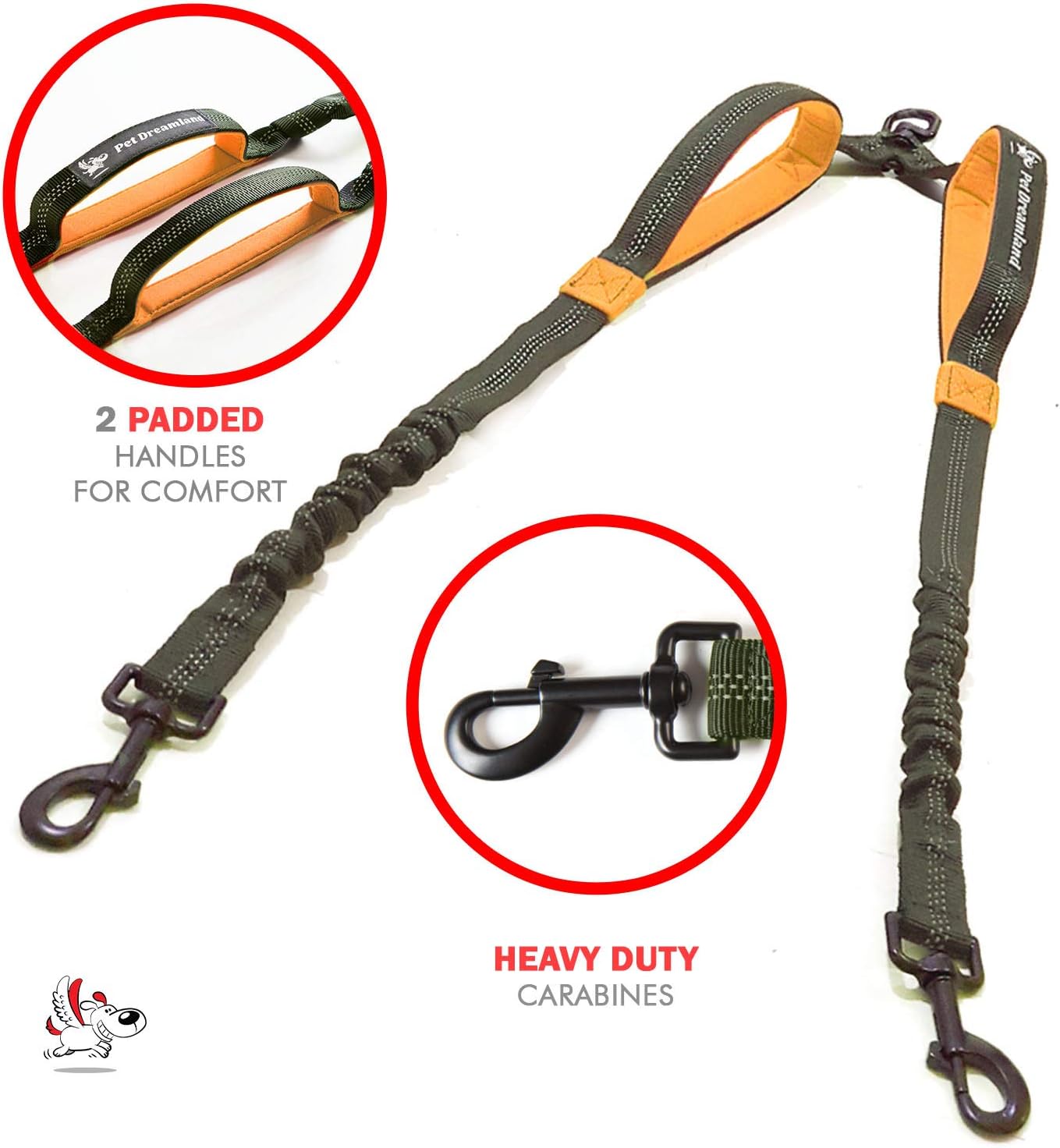 Bundle of Exquisite Hands Free Dog Leash for Medium Dogs (Long - Khaki & Orange) + Dog Coupler 360 Leash Splitter for Medium Dogs (Orange) + Collar (Small)
