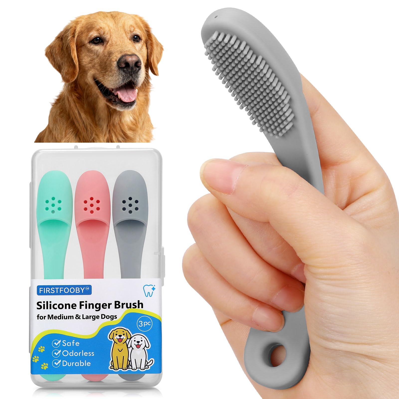Firstfooby 3pcs Dog Finger Toothbrush, Cat Chin Brush with Food-Grade Silicone, Dog Tooth Brushing Kit, Silicone Cleaning Brush for Pet Dental Care