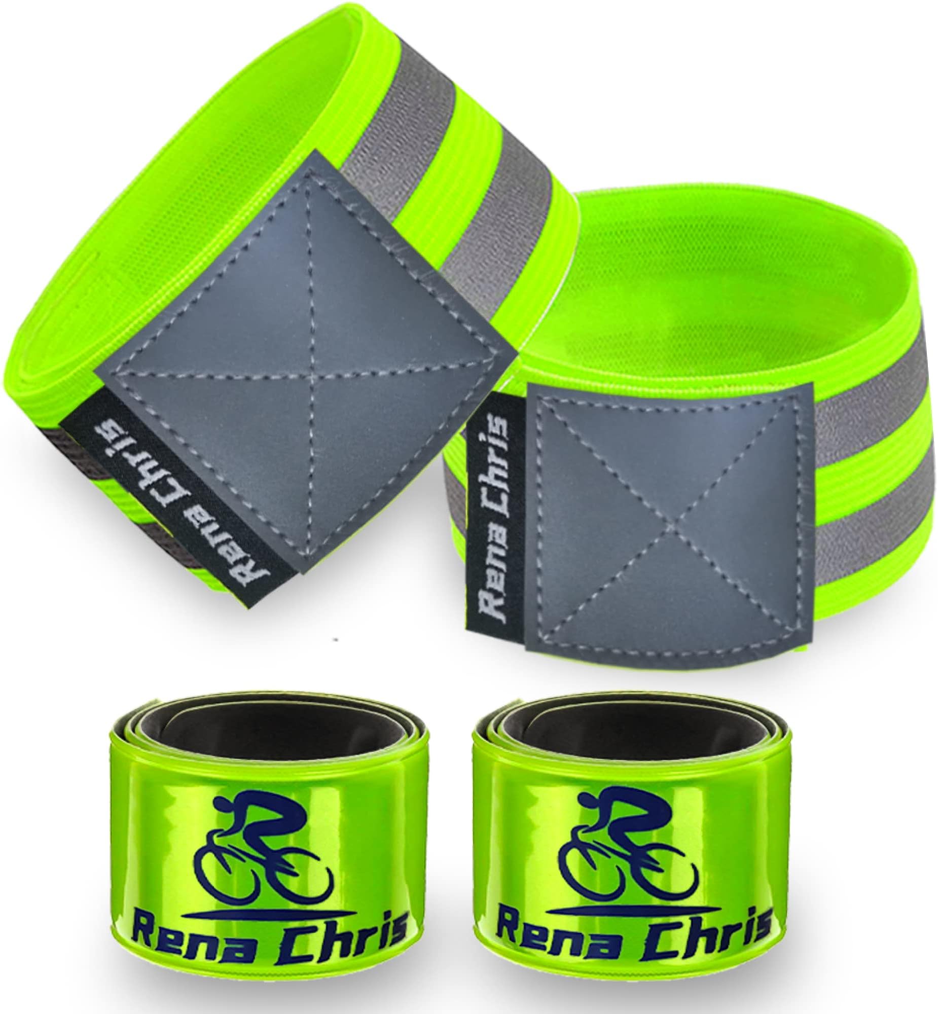 Rena Chris 4 pcs Reflective Bands for Wrist, Arm, Ankle, Leg. High Visibility Reflective Gear for Night Walking, Cycling and Running. Safety Reflector Tape Straps. Very Large Reflective Surface Area