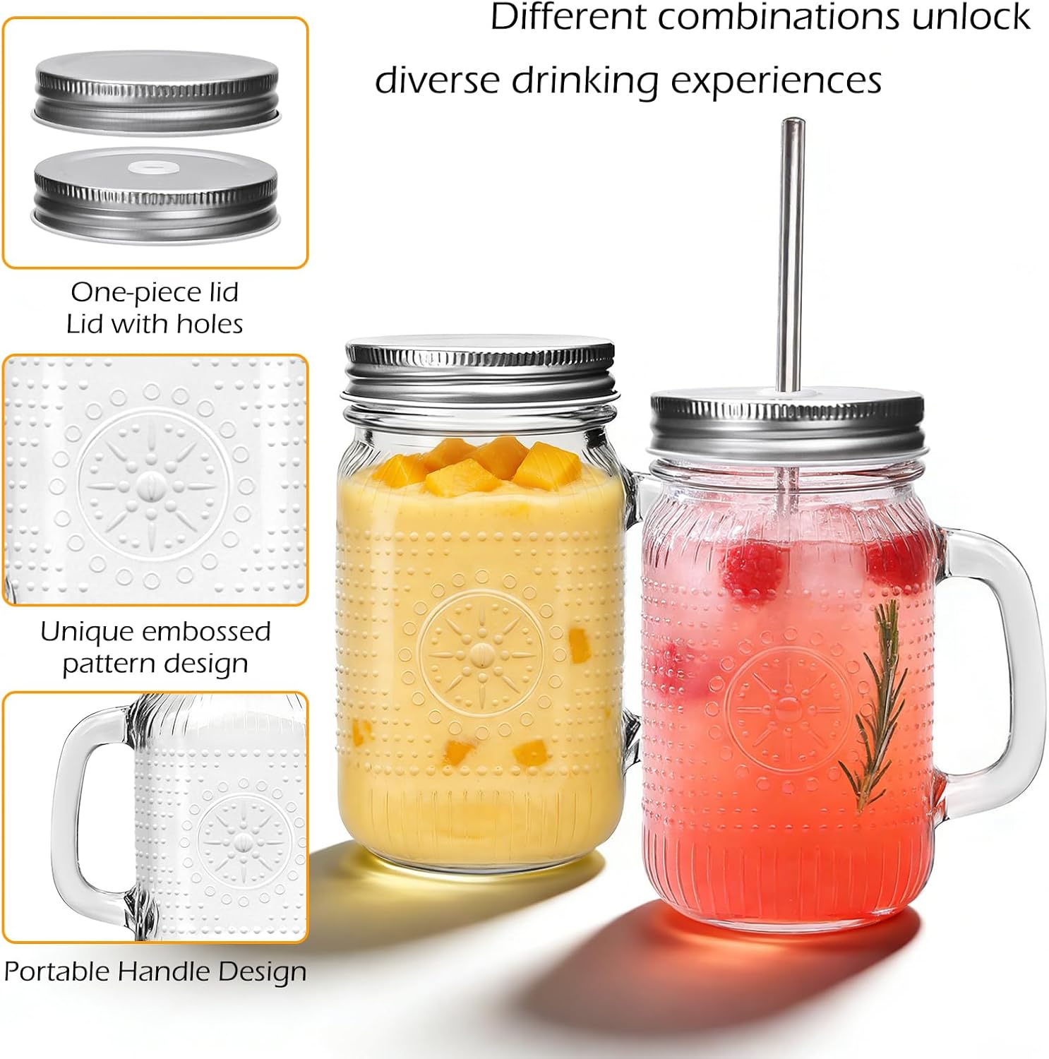 Encheng Mason Jar Cups with Handle 16 oz, Vintage Glass Cups with Lids and Straws, Reusable Pint Drinking Jars for Iced Coffee, Smoothies, Juice, Food Storage,12 Pack