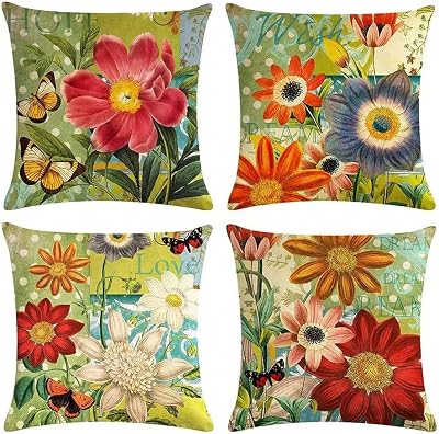 Spring Sunflower Pillow Covers 18x18, Outdoor Farmhouse Floral Pillow Case, Garden Flower Cushion Covers, Green Cushion Covers for Holiday Home Seasonal Summer Decor, 4 Pack