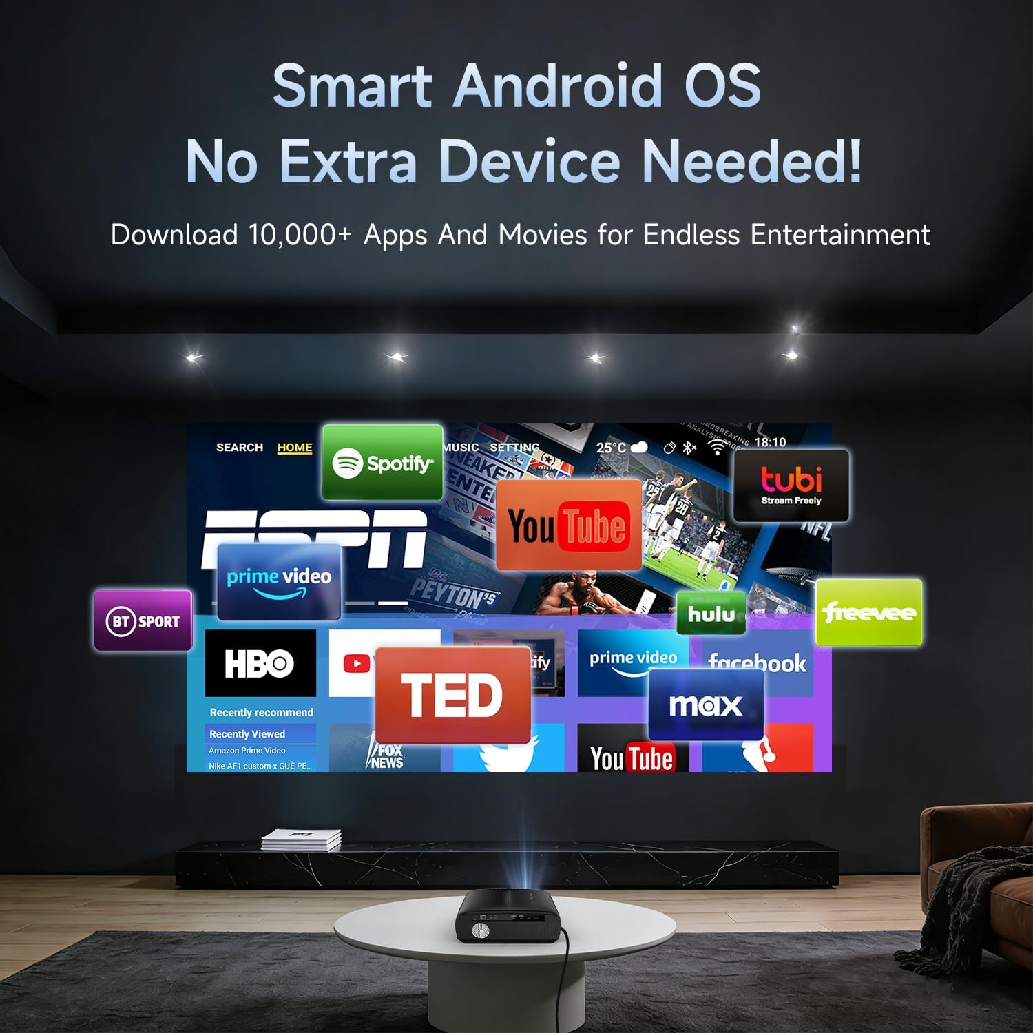 LED Projector 4K with WiFi and Bluetooth, 1800 ANSI Ultra HD Smart Daylight Home Theater Projector Home Cinema, Android TV, DSP audio, 4D keystone Correction, HDR for Gaming, Ceiling, 300" display