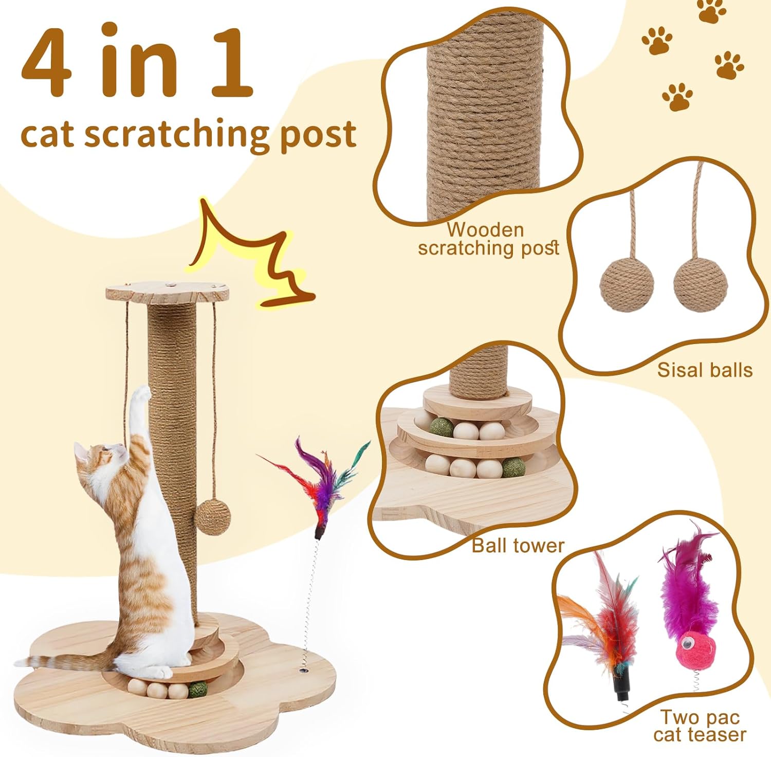 4 inch Wider Design for Large Cats Providing Greater Stability,4-in-1 Wooden Cat Scratcher Toy,Scratching Post&2-Level Track Tower with 8 Balls&2 Sisal Ball&2 Cat Wand Toy(15.8" L x 15.8" W x 19" H)