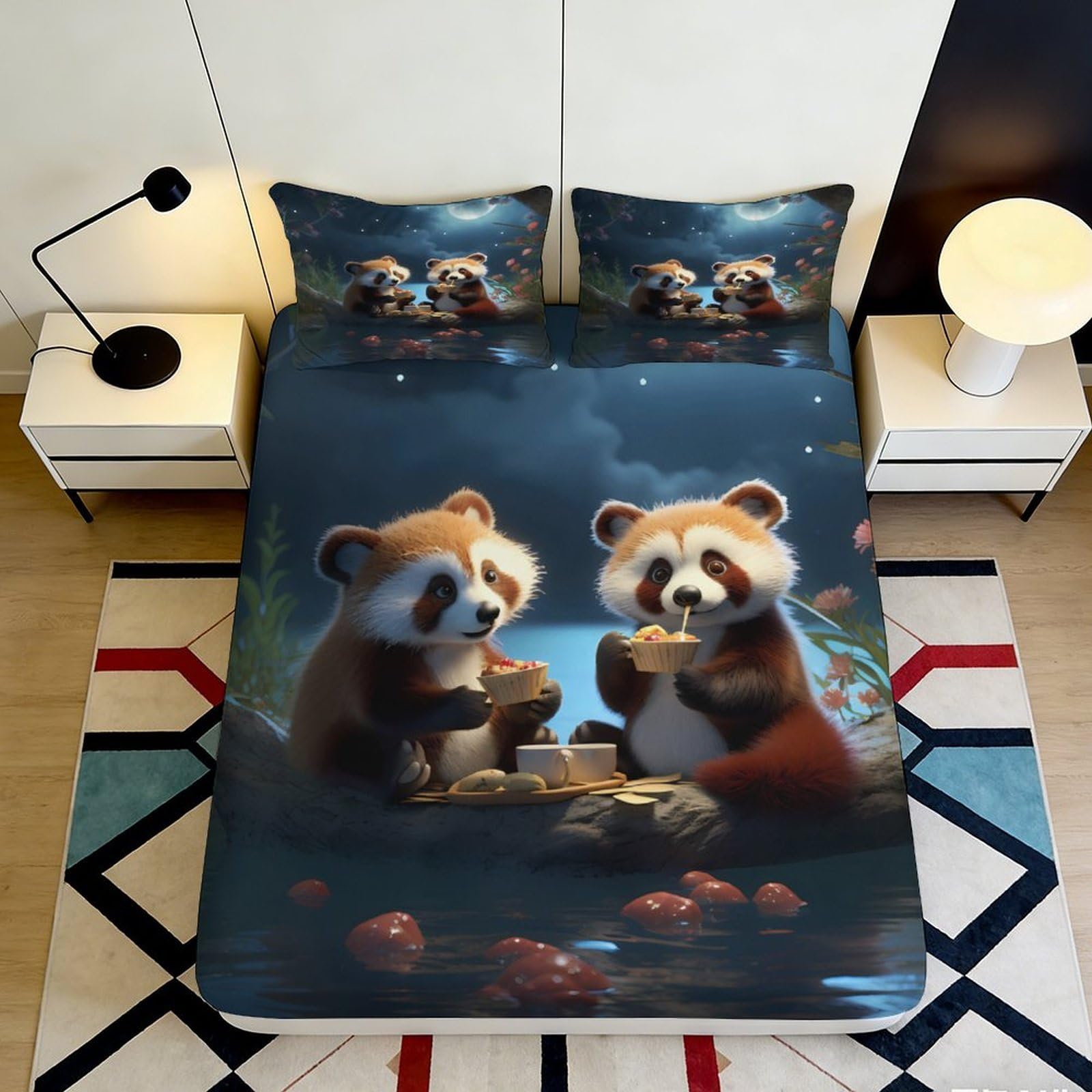 3D Printed Cute Raccoon Fitted Sheet Microfiber Soft Durable Cartoon Animal Bed Cover for Bedroom Dormitory Guest Room Mattress Protection 160x200x25cm
