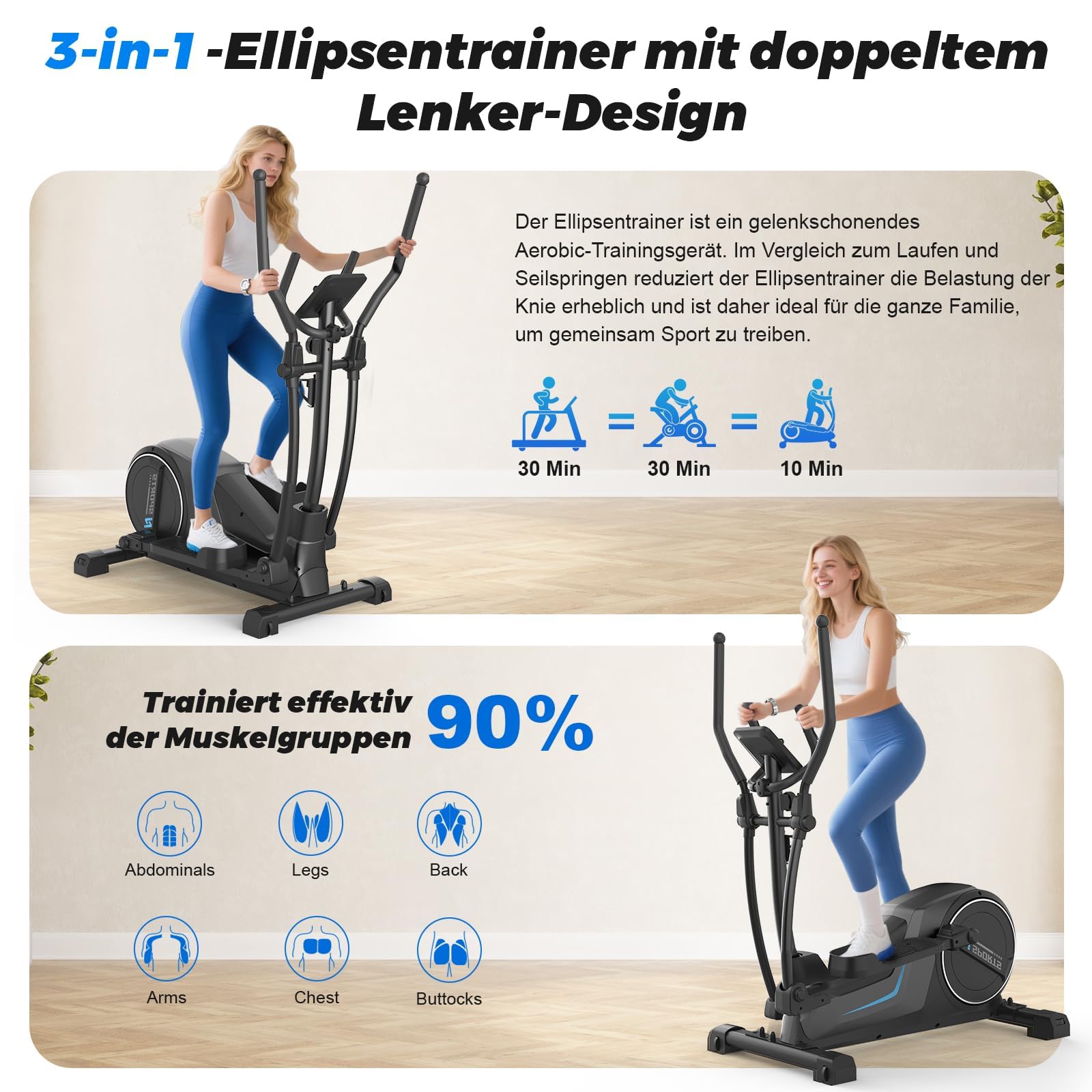Crosstrainer, 3-in-1 Ultraleiser Crosstrainers mit 16 Widerstandsstufen, 8 kg Schwungrad, 16,5 Zoll Schrittlänge, LCD-Display, Belastbar Bis 150 kg, Ellipsentrainer für Zuhause