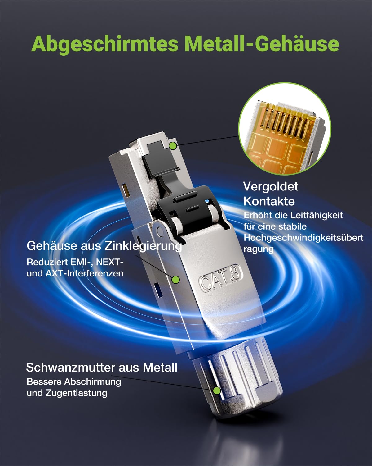 Connettore RJ45 senza attrezzi Cat8, 40 Gbps 2000 MHz, 50 U, placcato oro, spina LAN, senza attrezzi per Cat8 Cat7, cavo di collegamento schermato, spina di rete cat8 senza attrezzi