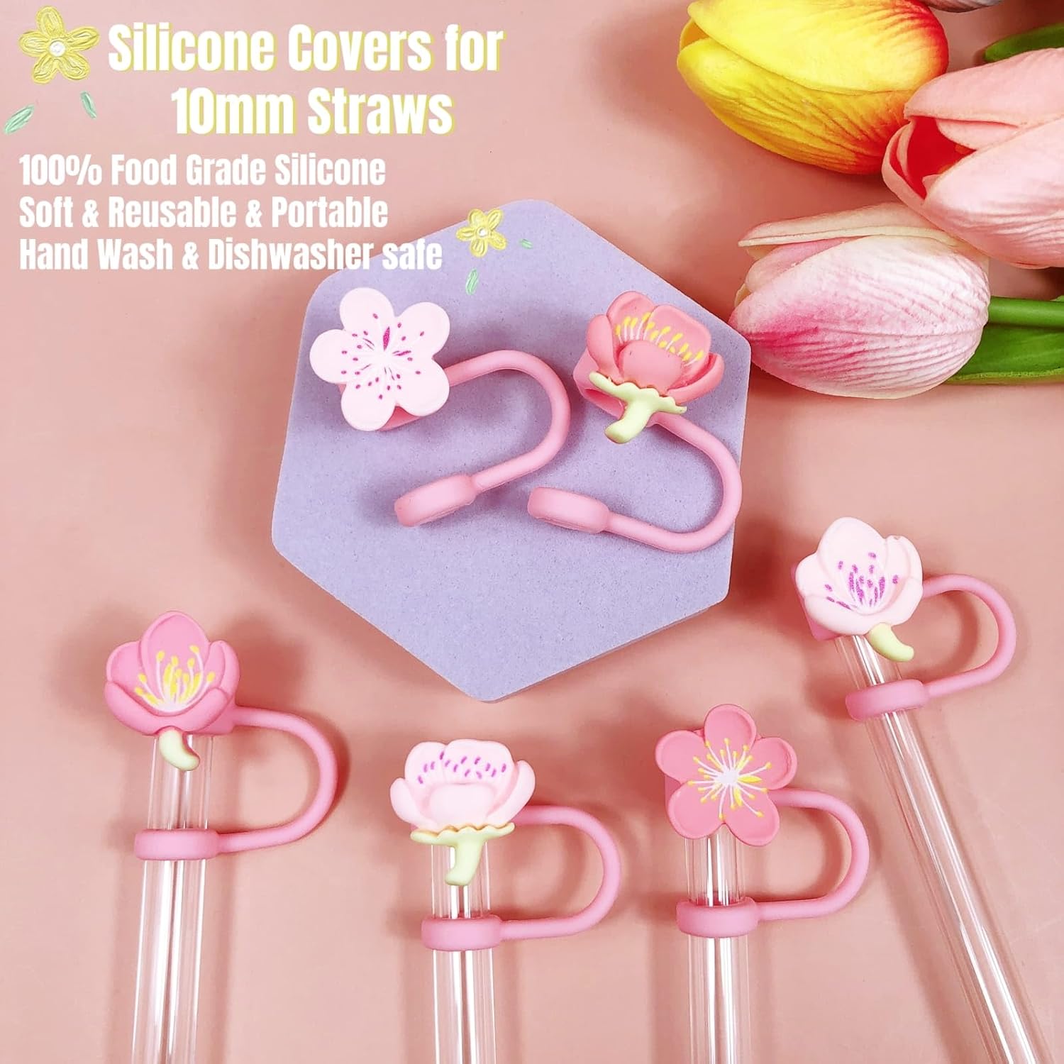 Straw Covers, Soft Silicone Toppers, Fit 0.4in/10mm Straws, Compatible with Stanley Cup 30&40 Oz, Reusable Dust-Proof Accessories, Flower Bow Crown Skull Cat Heart (Set D Floral) - Image 5
