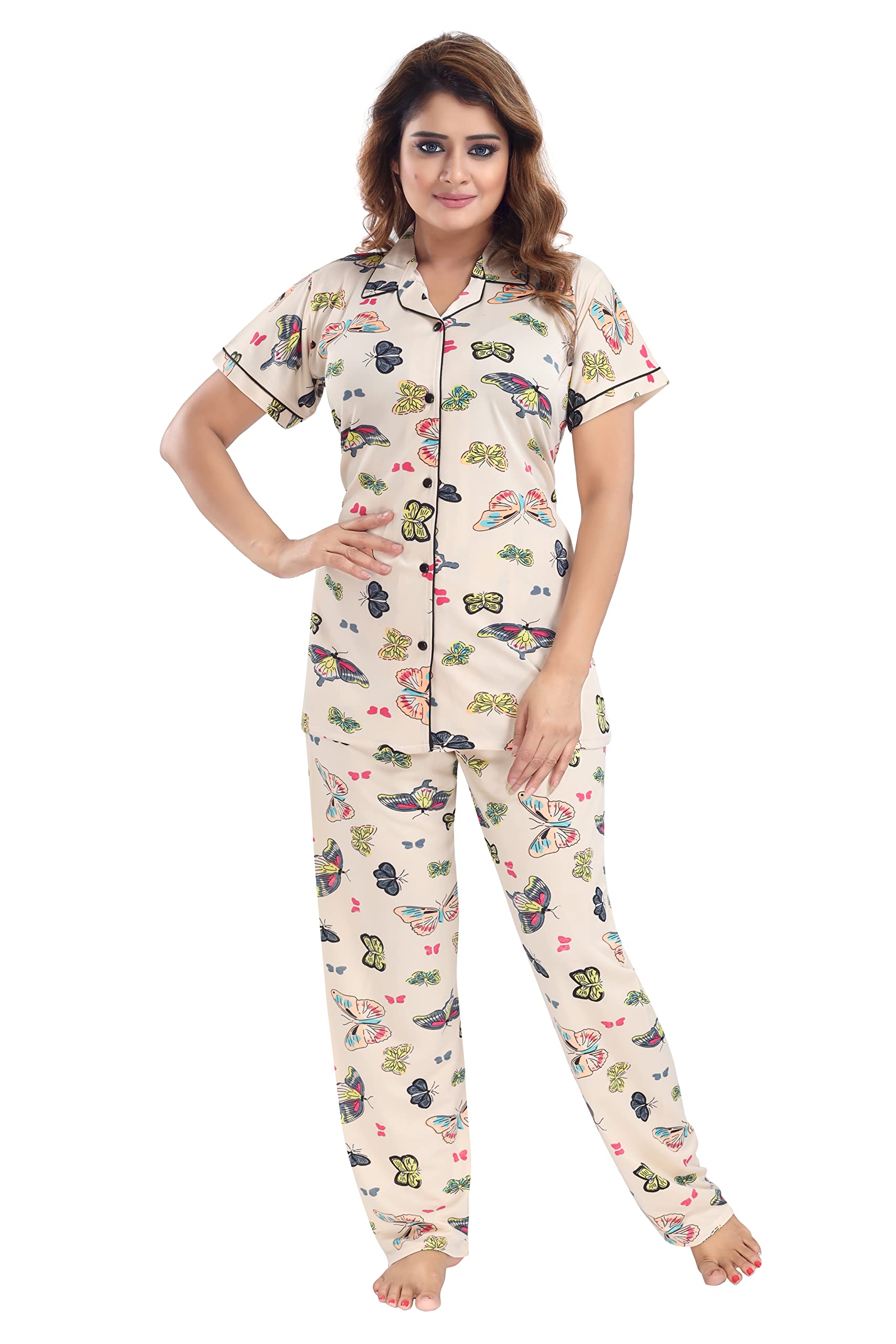 Women's Satin Printed Shirt and Pyajama Set Night Dress Printed Night Suit