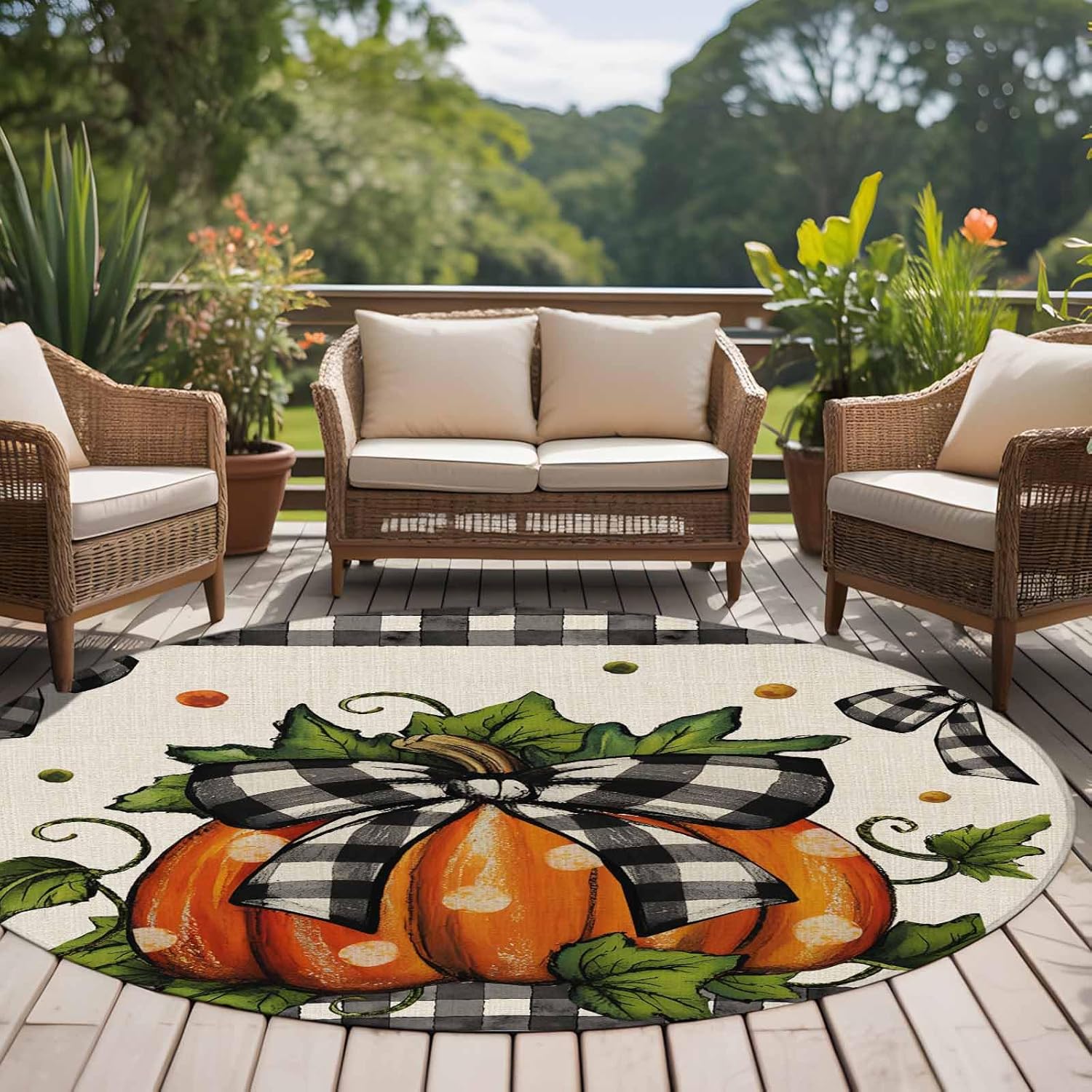 Fall Round Rug 5ft Washable Circle Kitchen Rugs Non Slip Orange Pumpkins Bow Thanksgiving Autumn Leaf Dot Plaid Large Area Rug Indoor Floor Carpet for Bedroom Living Room Home Office Dining Room