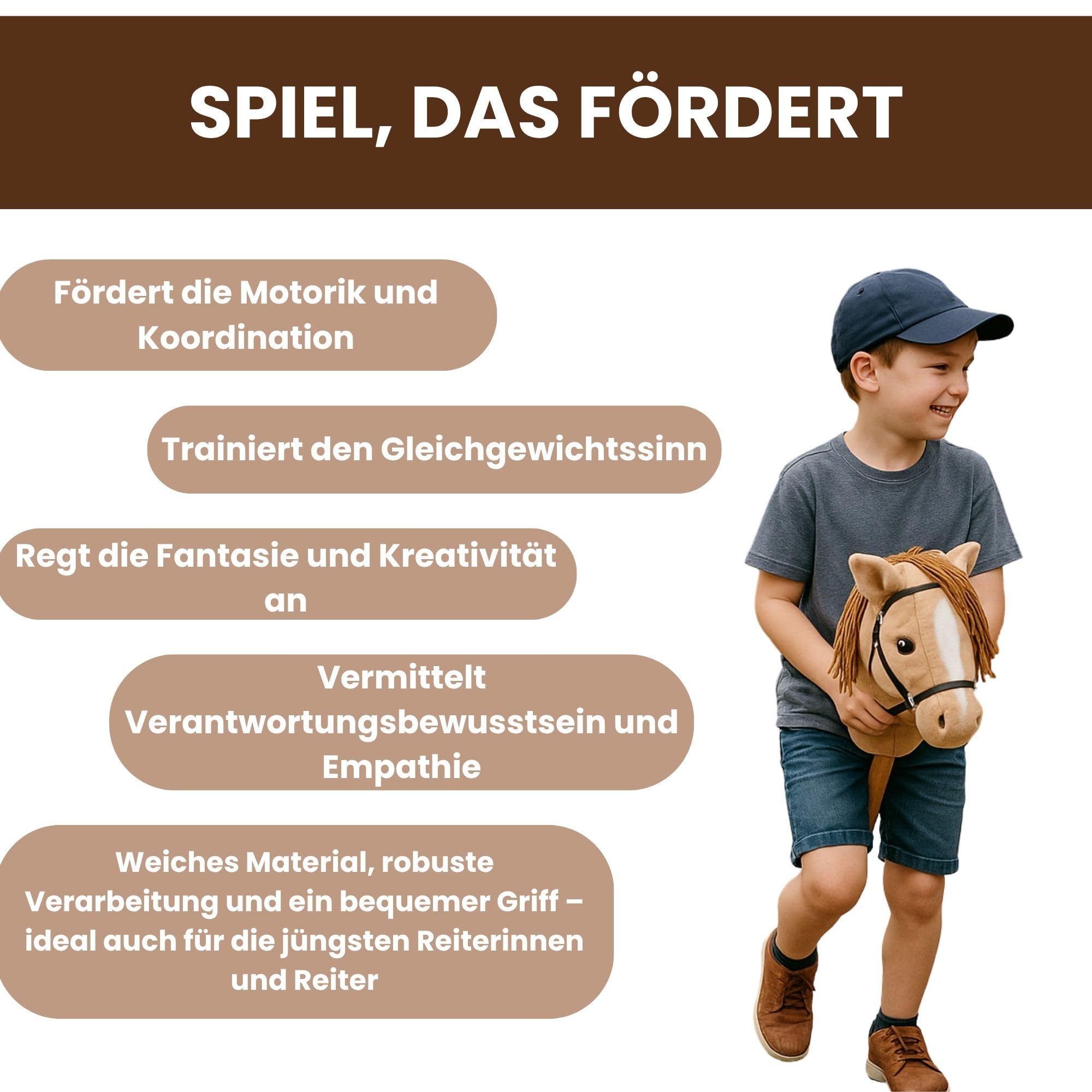 Start Hobby Horse Steckenpferd aus Plüsch mit Holzstock – Realistisches Stockpferd mit Langer Mähne zum Frisieren – Weiches Spielpferd für Kinder Hobby Horsing & Rollenspiele (Bonnie (Beige))