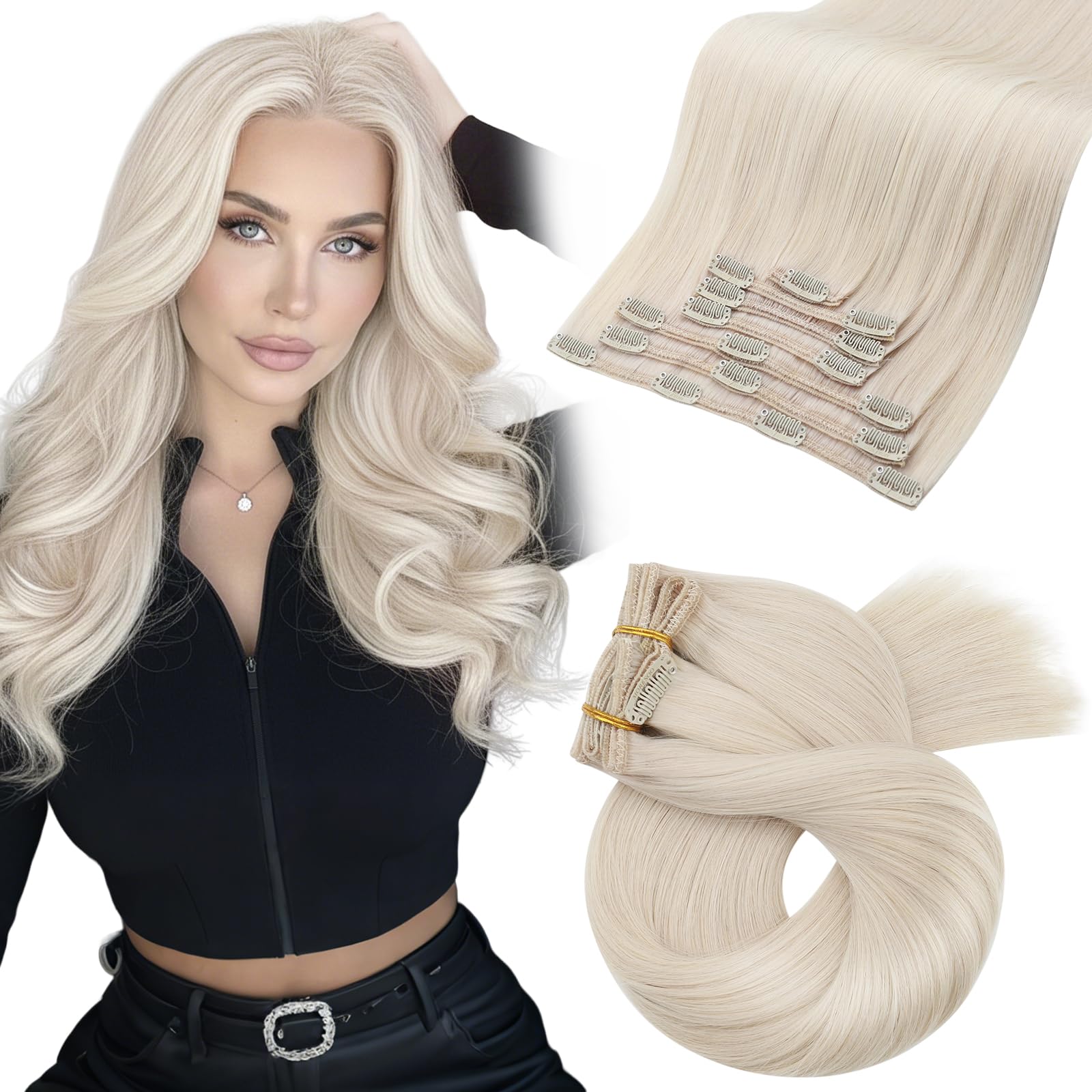 Moresoo Human Hair Extensions Clip in Real Hair Ash Blonde with Bleached Blonde Clip in Hair Extensions Remy Human Mid-length Hair Layered Add Volume 14 Inch 5pcs/80g #P18/613 — view 22