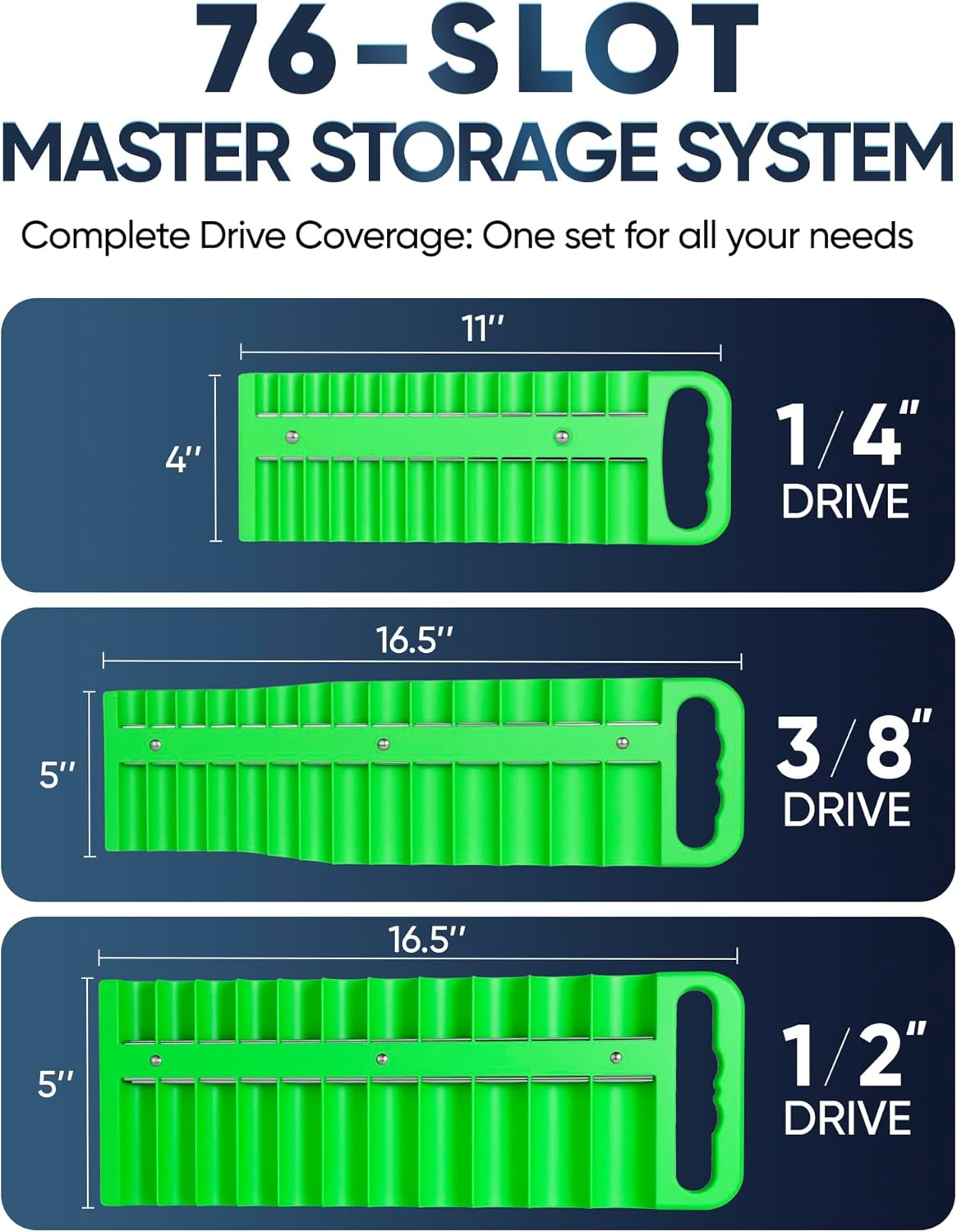 3-Piece Magnetic Socket Organizer Tray, for 1/2'', 3/8 '', 1/4'' Drive Metric/SAE Hold up to 76 Sockets, Heavy-Duty Socket Holder with Handle & Magnetic Base, Sockets Not Included