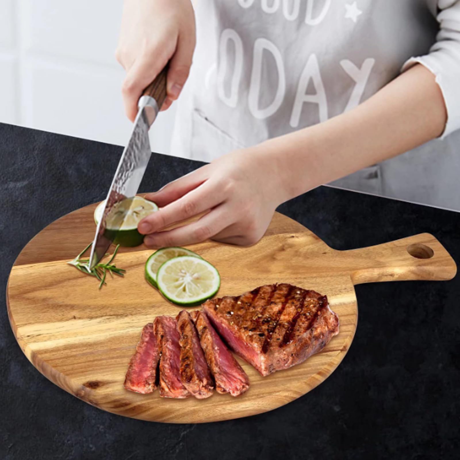 Accessoire Cuisine Naturel 2 Planches à Pizza Bois Acacia 40cm - Planche Ronde Avec Poignée - Service Pizza Pain Planche à Pizza Bois