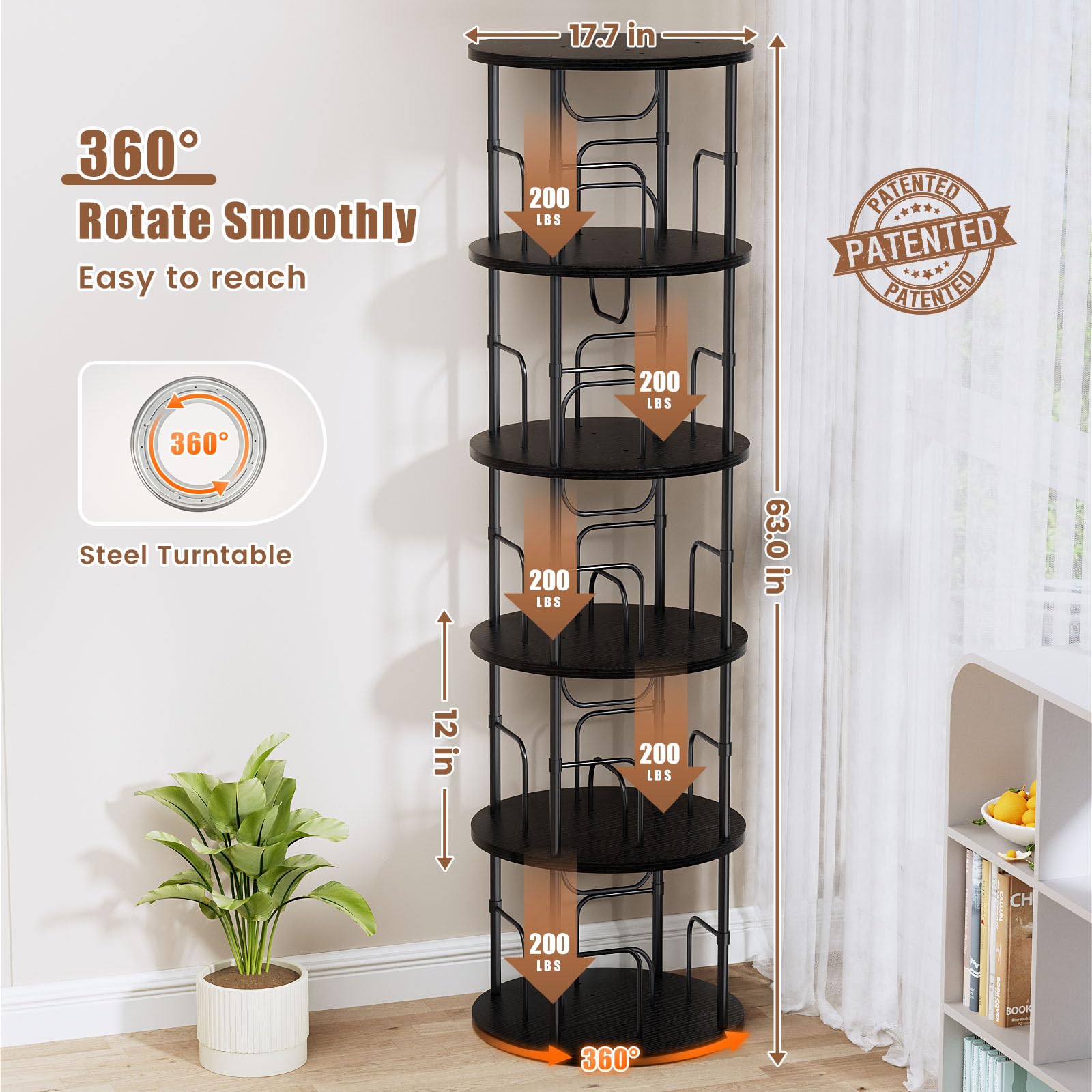 Manora Bibliothèque rotative en bois noir pour chambre d'enfant, étagère ronde rotative à 360°, pour salon, bureau à domicile, dispositif anti-basculement, style moderne