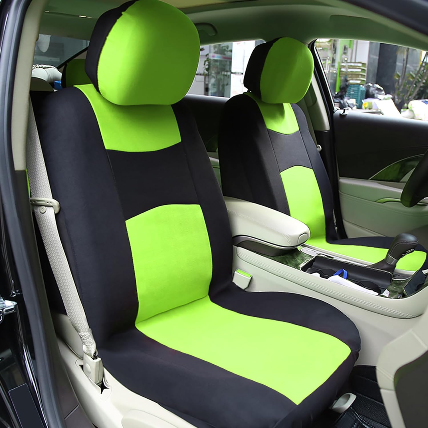 X AUTOHAUX Universal Fit Full Set Car Seat Cover Kit Flat Cloth Fabric Seat Protector Pad for Most Car Truck SUV Black Green