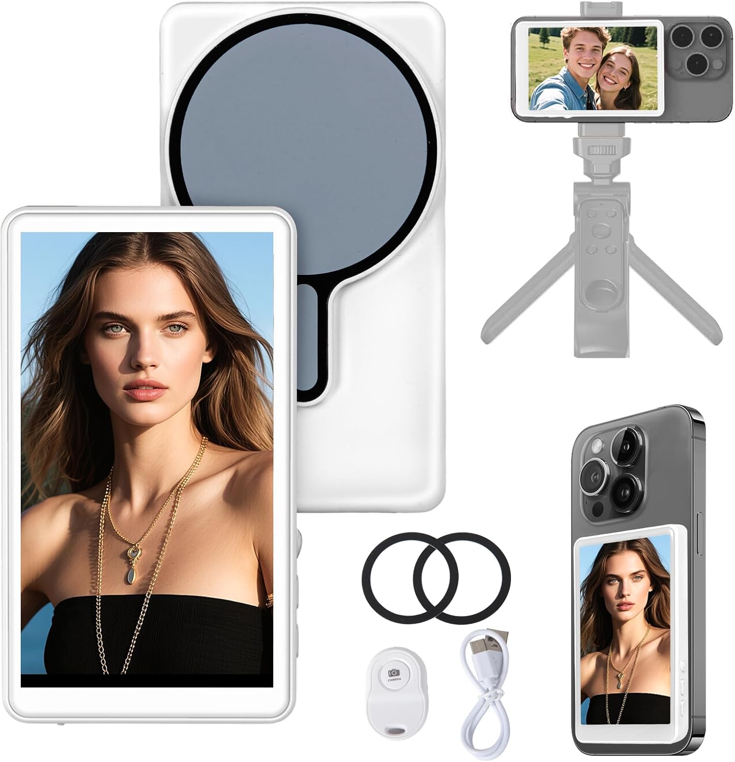 4.02” Vlog Selfie Monitor Screen with Rear Camera Display-Magnetic Phone Mount,Low-Latency HD Mirroring & Wireless Remote,Compatible with iPhone/Android for Social Media Live Streaming (white or grey)