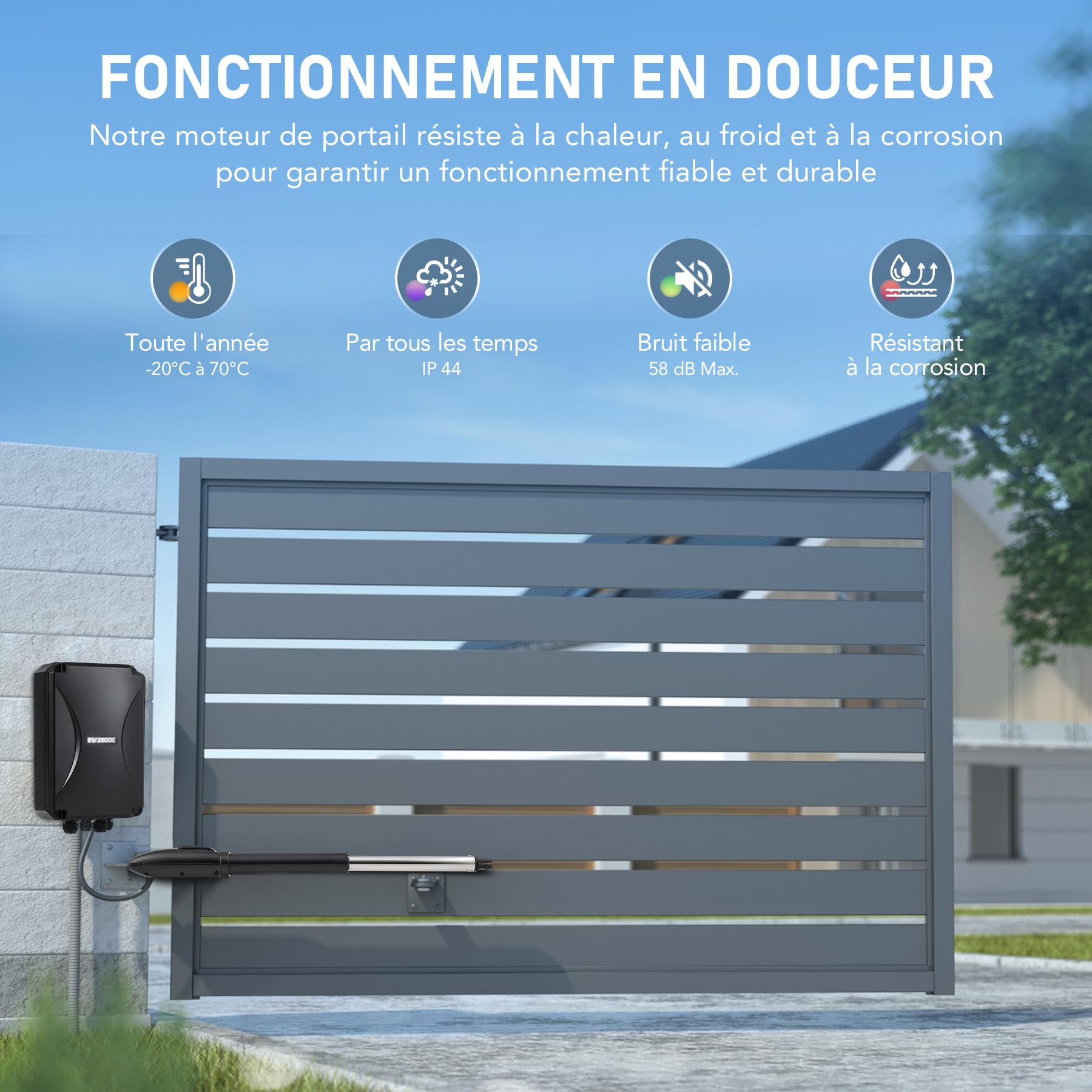 CO-Z Motorisation Portail Battant 220V/24V Unique Bras pour 1 Vantail Jusqu'à 300KG 5,5M avec 2 Télécommandes Moteur DC Automatisme à Vérins Télescopique Alimentation Solaire ou Batteries