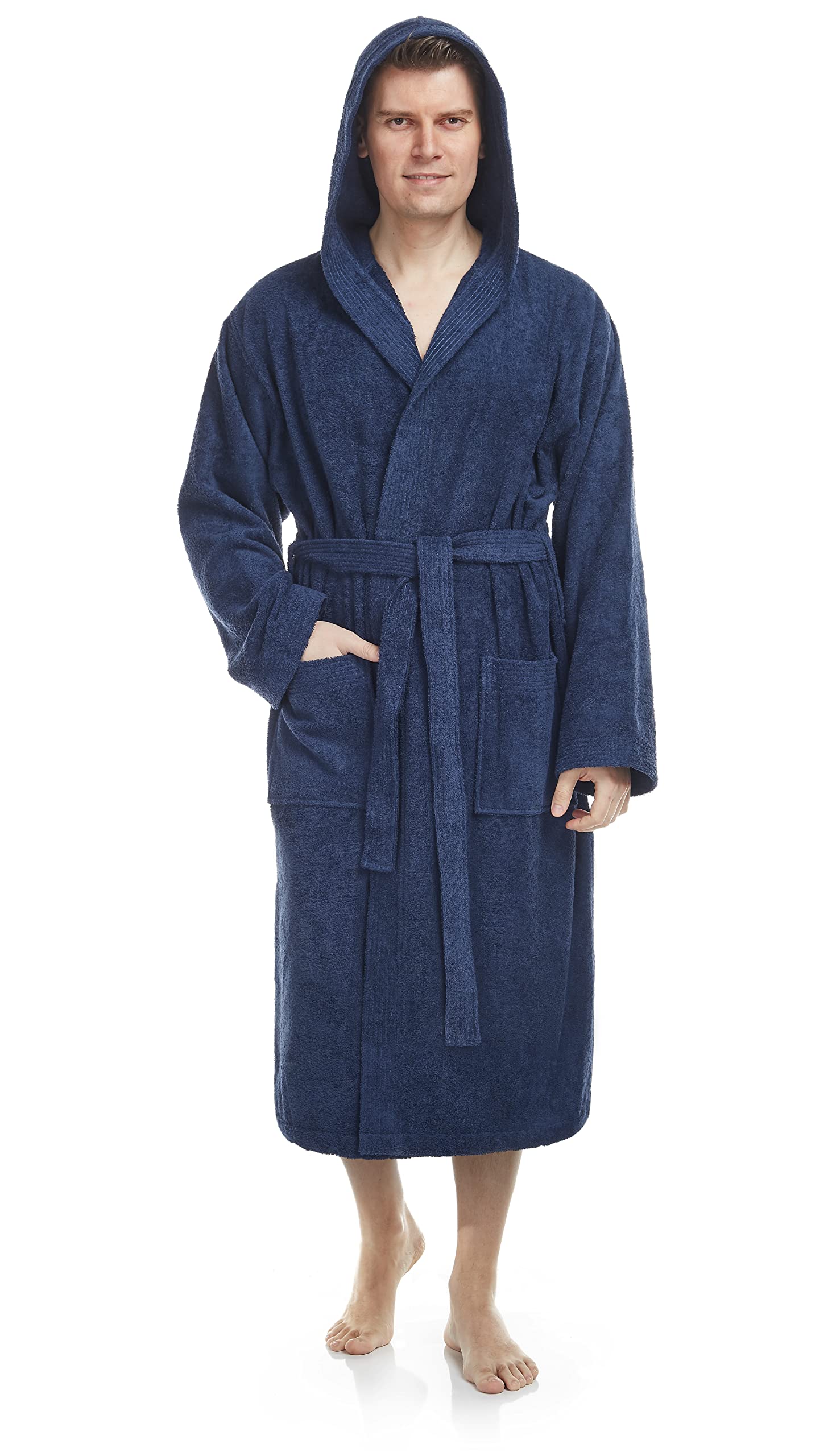 Arus Men's bathrobe with hood, 100% cotton terry, calf-length, XXL-3XL, Navy Marine
