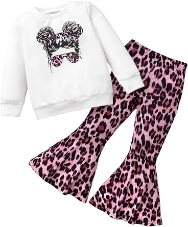 KIDLAGA Toddler Girl Clothes Figure Graphic Drop Shoulder Top Pullover Leopard Print Flared Pants Fall Winter Outfit Set