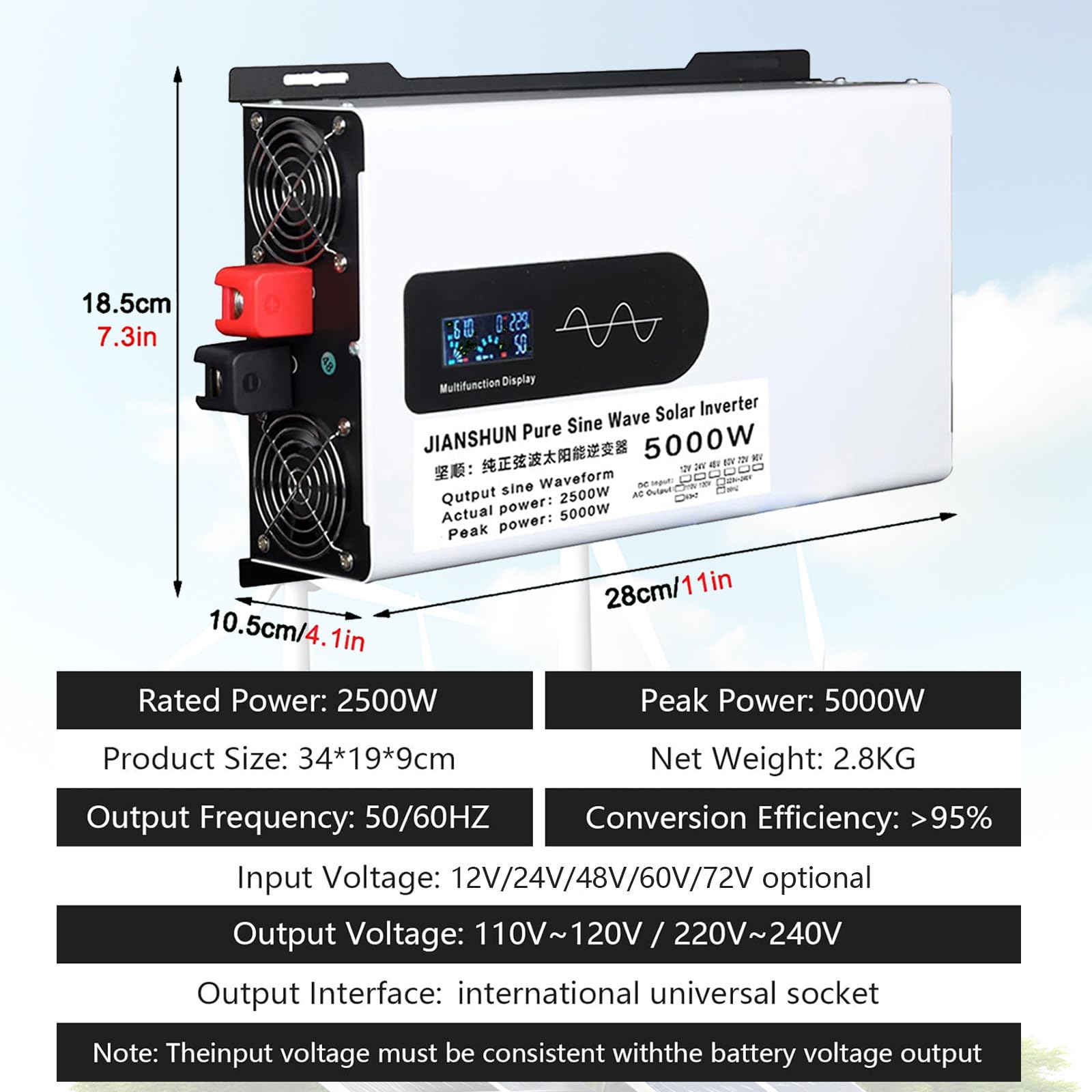 Inversor Solar híbrido de 5000 W, convertidor de 12V 24V 48V 60V 72V CC a 110V 220V CA con Pantalla LCD, inversor de Onda sinusoidal Pura para Camiones, hogares, vehículos,72V-5000W