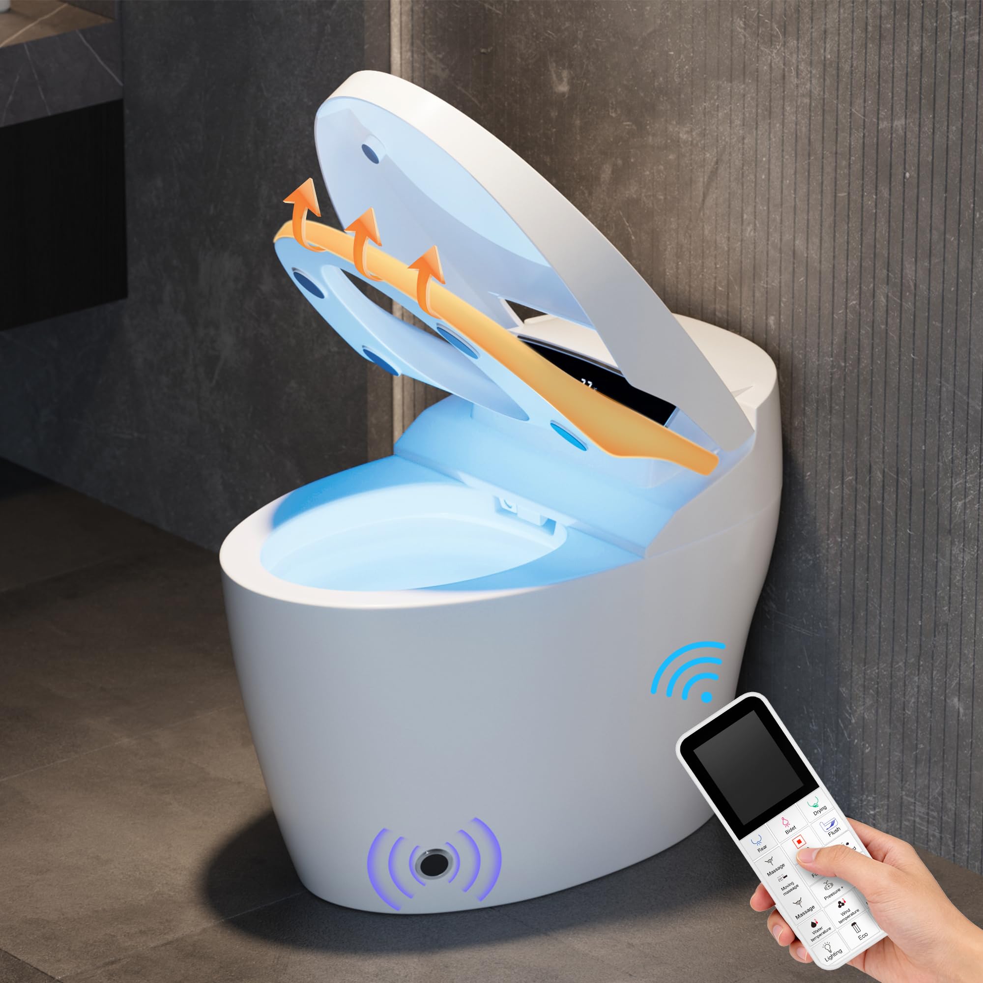 Homary Inodoro Inteligente Japonés Sin depósito con Bidé Integrado Automático, Asiento Calefactable, Luz Nocturna, Estándar Tapa de Accionamiento Manual, Salida al Suelo, J021123088