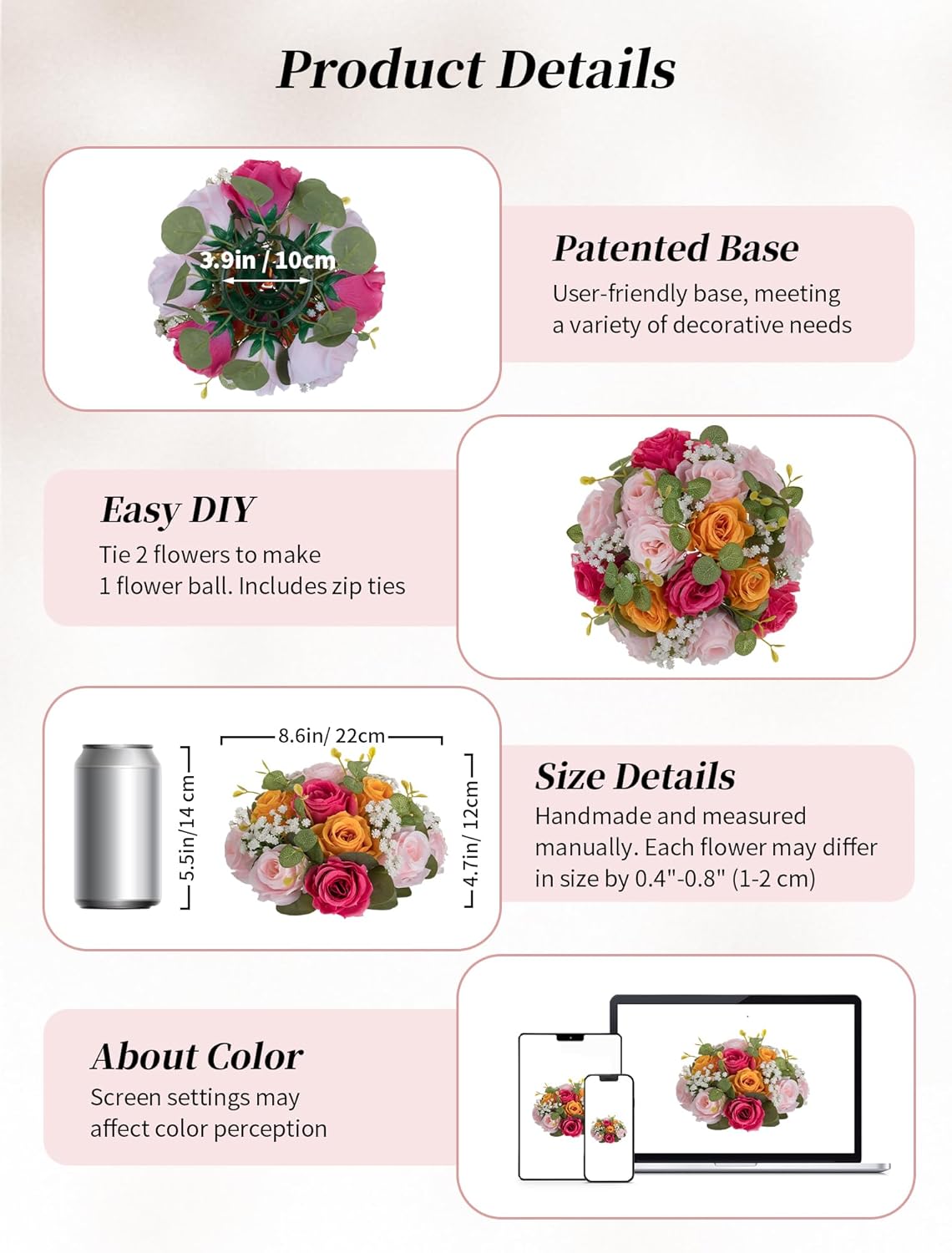 BLOSMON Fake Flower Centerpieces for Tables: 2 Pcs Pink and Orange Artificial Rose Babys Breath Flower Balls Wedding Party Decorations - Faux Silk Floral Arrangement Home Decor