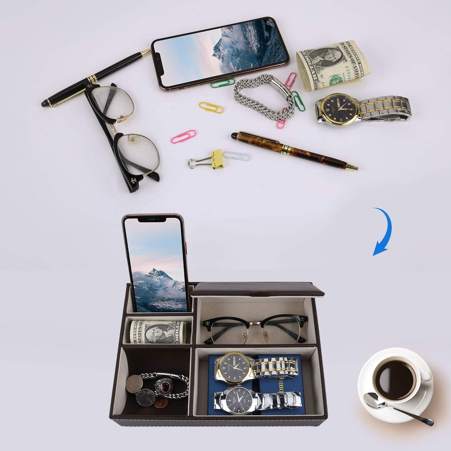 Baoyun Mens Nightstand Organizer Tray - Leather Valet Tray for Men and Women EDC Dump Tray Catchall Tray for Wallet Key Phone