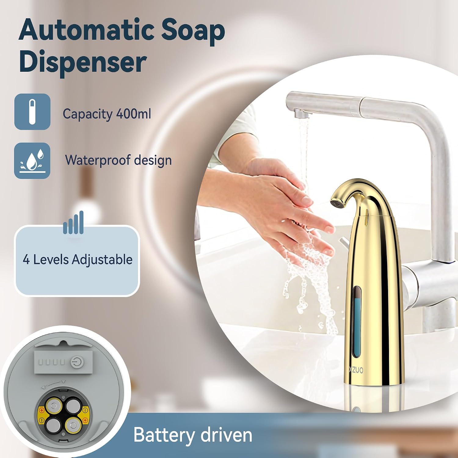 Automatic Soap Dispenser, 13oz/400ml for Bathroom & Kitchen | Touchless Dish Soap Dispenser with Infrared Sensor, 4 Adjustable Soap Dispensing Levels,Battery Liquid Hand Dispenser (Gold)