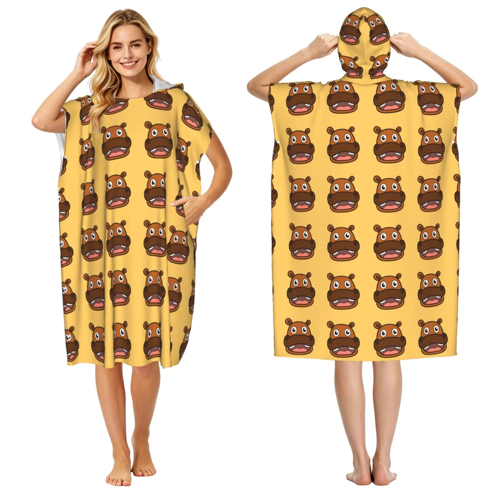 Poadnly Happy Hippo, Adult Hooded Beach Towel 90 x 110 cm,Changing Bath Robe, Surf Poncho Towel For Women Men
