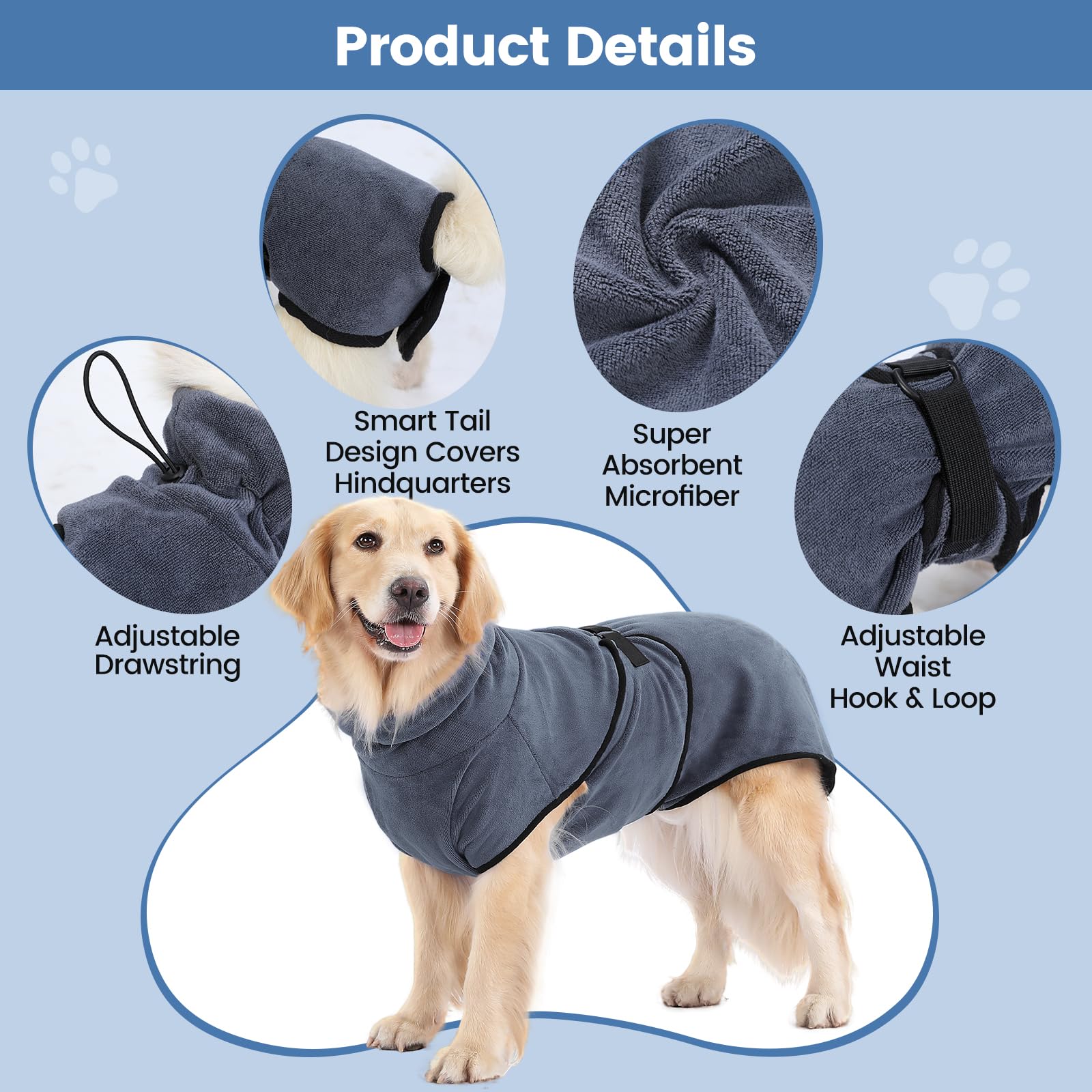 PETTOM Dog Drying Robe Dog Drying Coat Adjustable Super Absorbent Microfiber Dog Bathrobe Quick Drying, Grey - Image 3