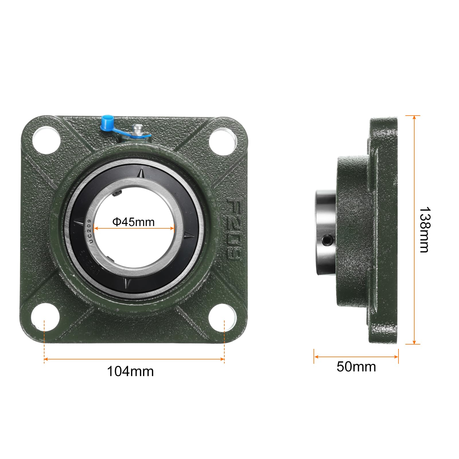 2pz UCF209 Cuscinetti a Blocchetto Cuscino con Foro 45mm Cuscinetti | Acciaio Cromato Montati Flangia Quadrata, Autoallineanti, con Base Ghisa Solida
