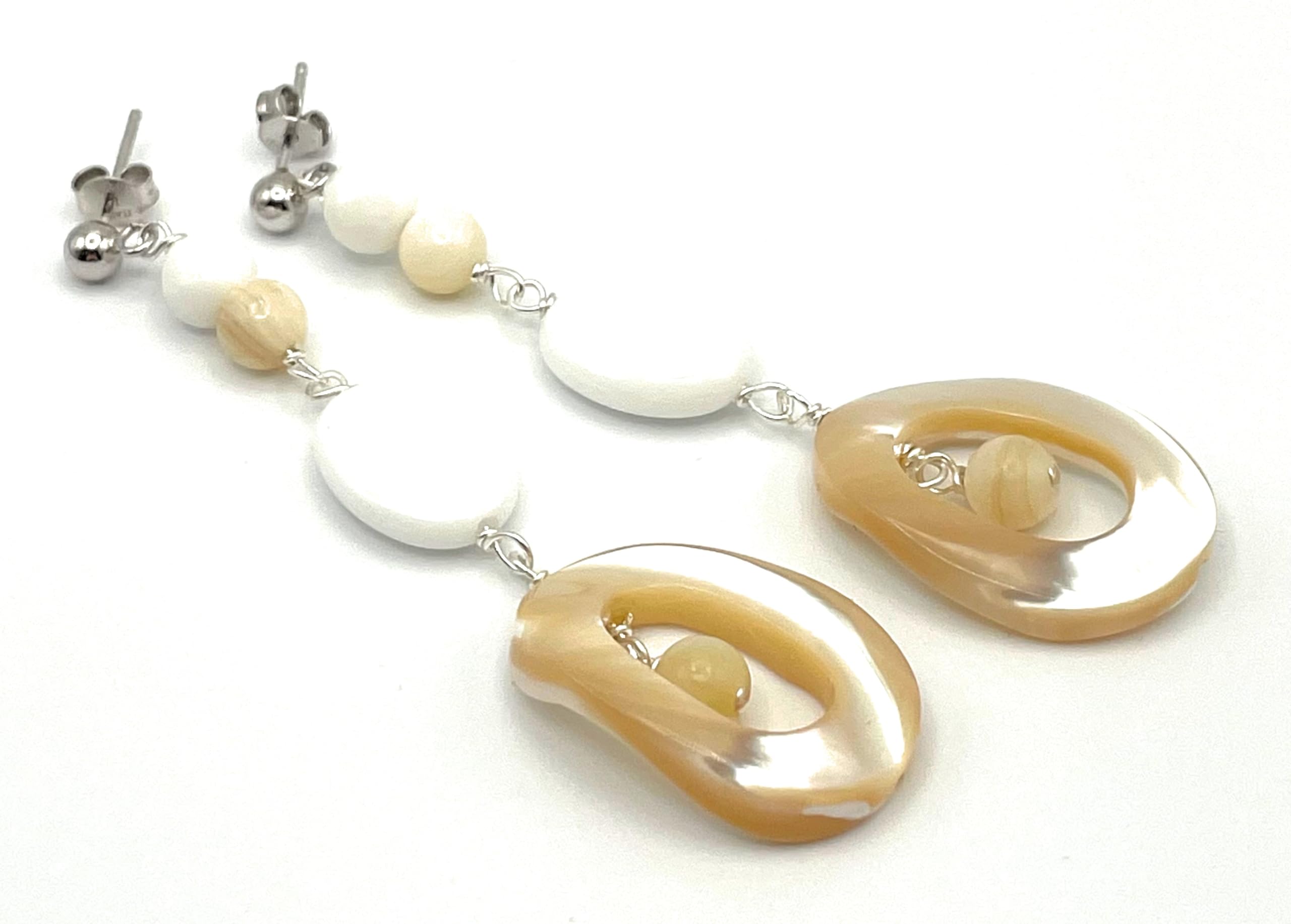 Orecchini in Argento 925 Madreperla Beige e Agata Bianca, Pendenti Lunghi Ovali, Gioielli con Pietre Dure, Bijoux Boho Artigianali, Regalo