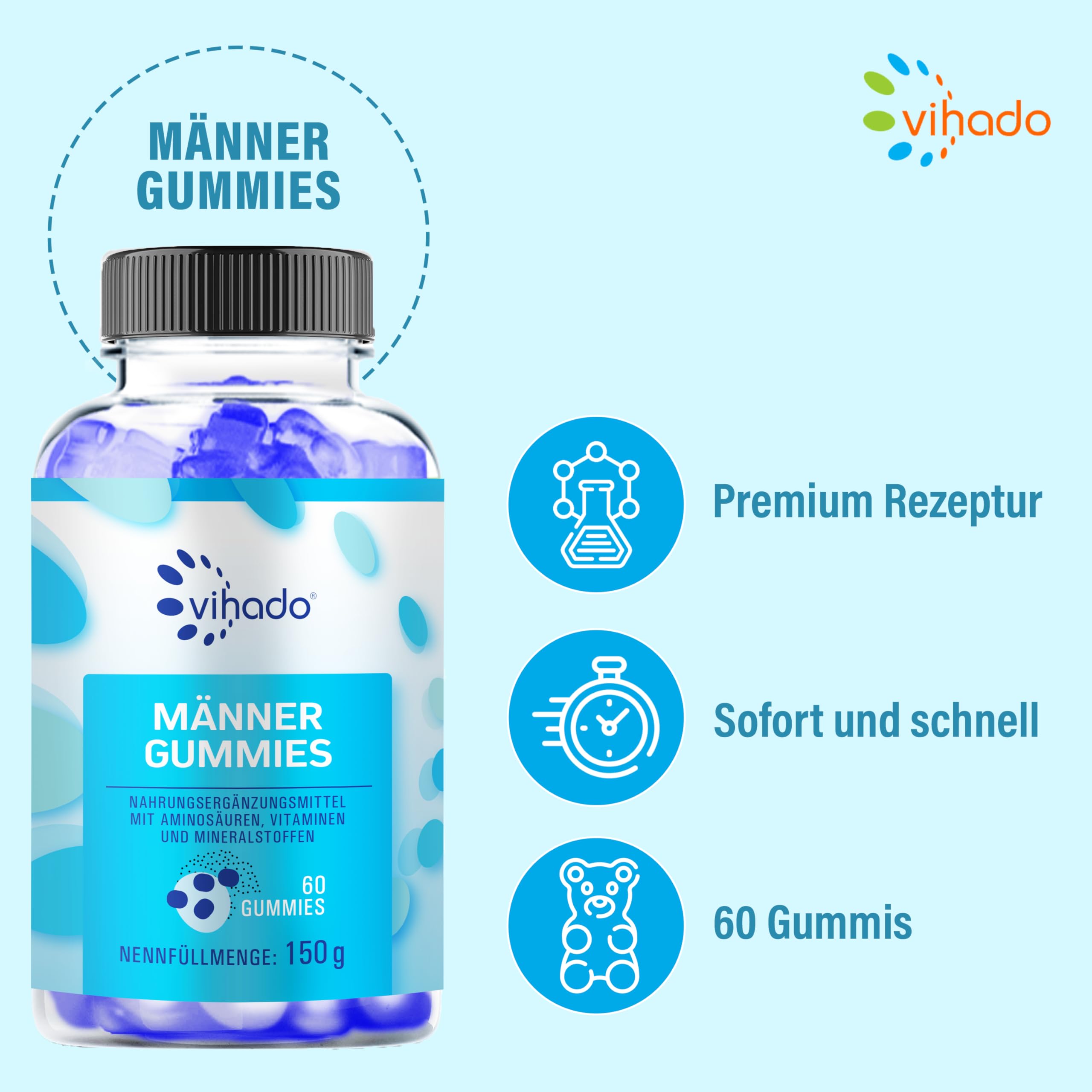 Vihado blaue Männer Gummies - Extra starke sofort Rezeptur hochdosiert - mit L-Arginin, L-Glutathion, L-Glutamin, 60 Gummies