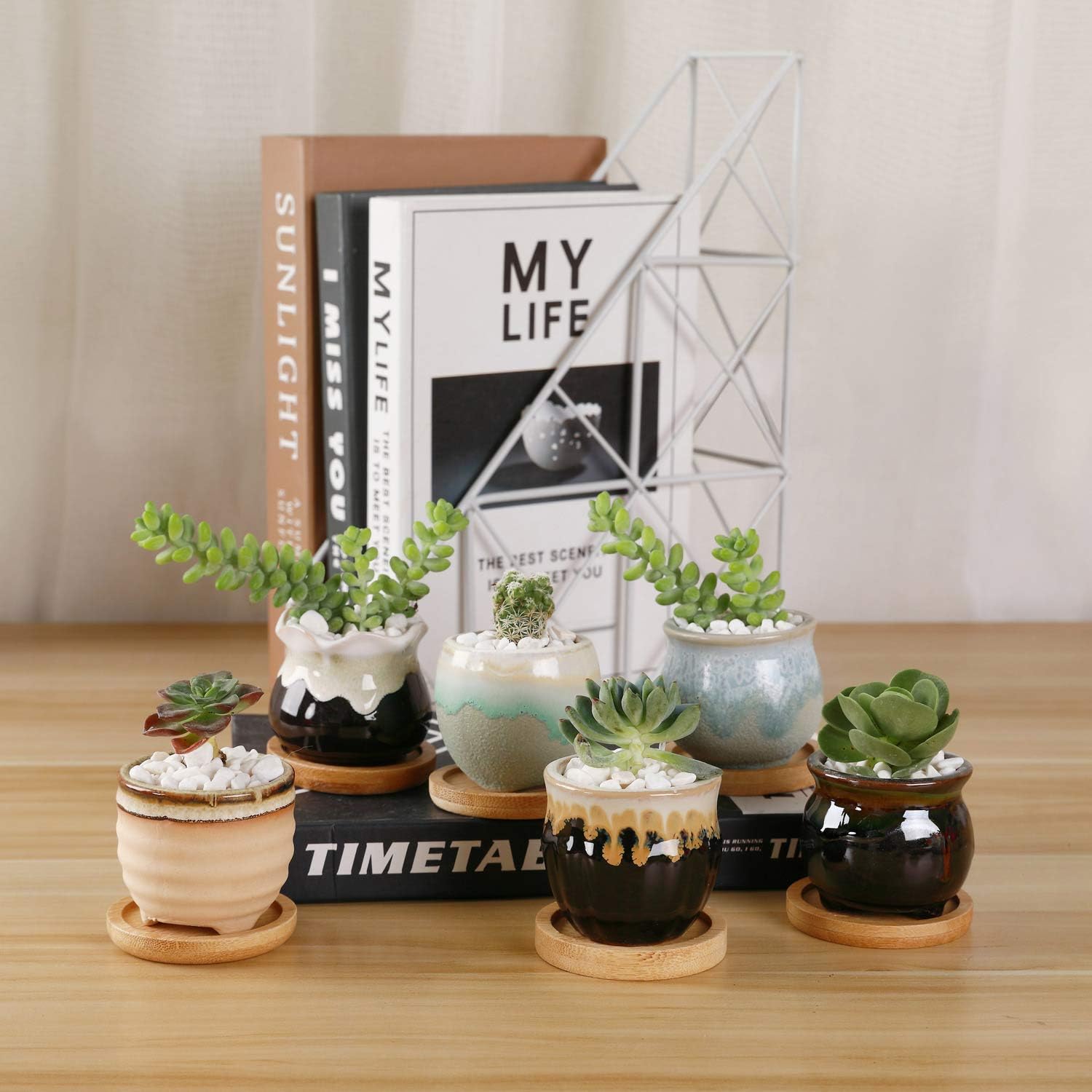 T4U Small Ceramic Succulent Planter Pots with Bamboo Tray Set of 6, Sagging Glazed Porcelain Handicraft as Gift for Mom Sister Aunt Best for Home Office Restaurant Table Desk Window Sill Decoration