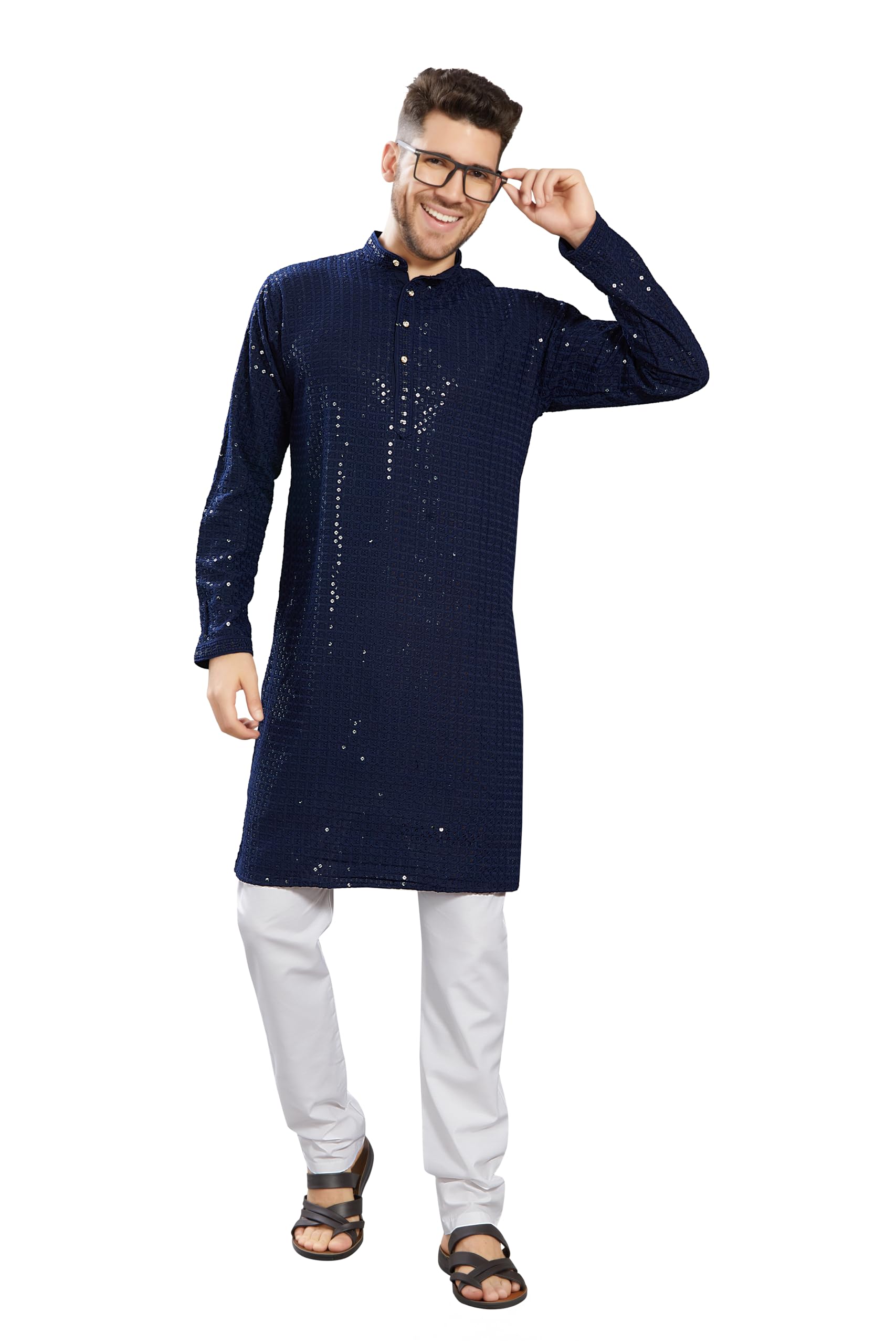 Divisive Men's Sequince Embroidered Cotton Blend Only Slim Fit Kurta (Dkrt743_M_Navy)