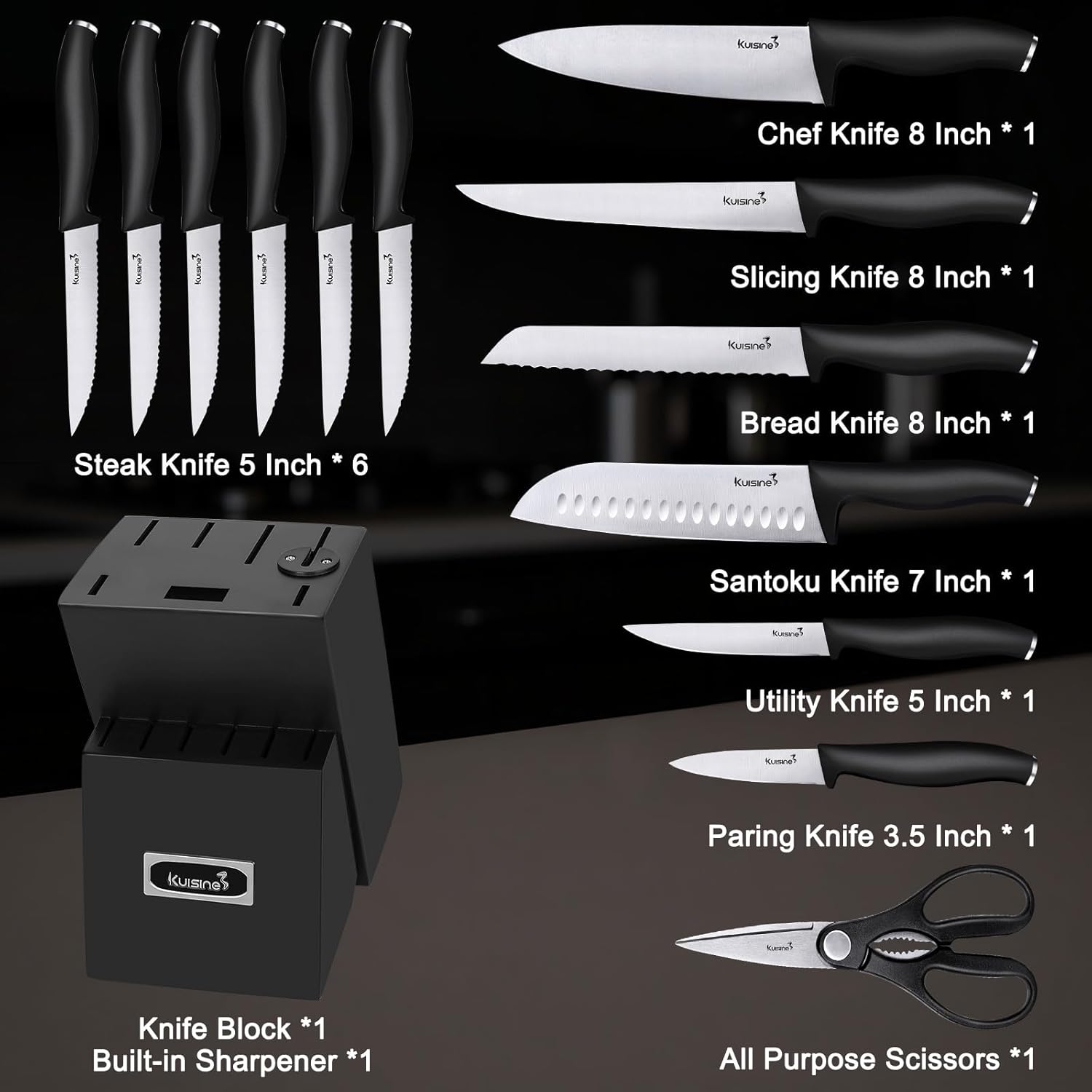 KUISINE Upgraded Chef Knife Set,High Carbon Stainless Steel Ultra Sharp Blade Ergonomic Handle,Kitchen Knife Block Set with Built-in Sharpener,Elegant Gift for Holiday(Silver Black,15PCS) - Image 2