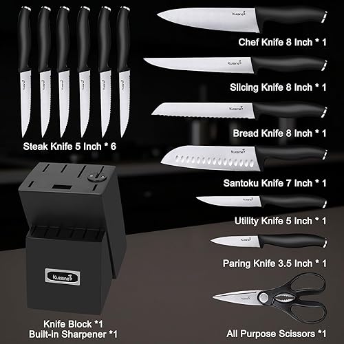 Miniatura 2 de KUISINE Juego de cuchillos de chef, mango ergonómico de acero inoxidable de alto carbono, hoja ultra afilada, juego de bloques de cuchillos de