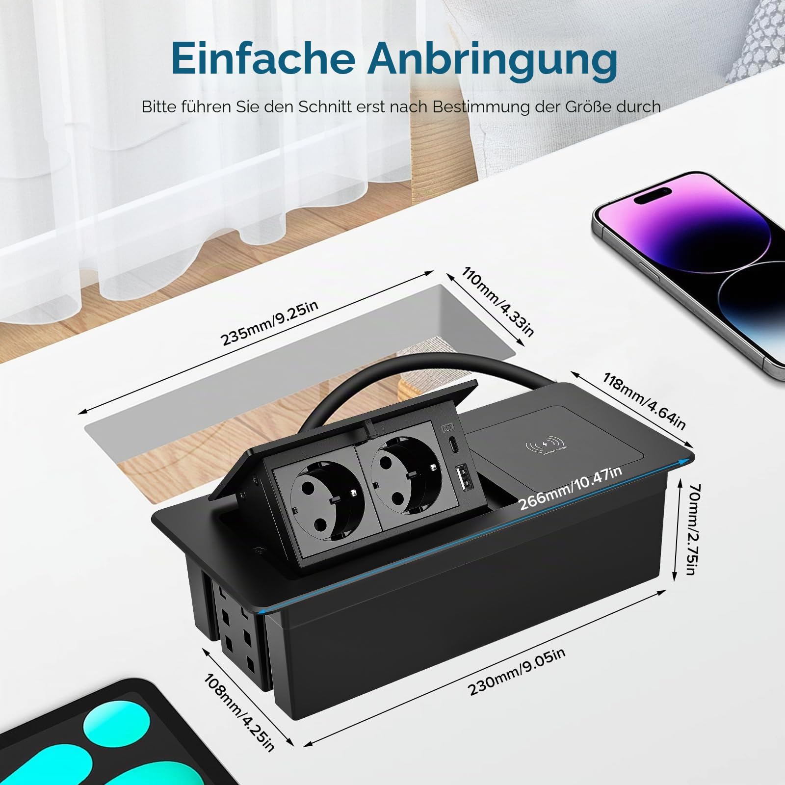 Versenkbare Steckdose mit USB, Einbau Steckdosenleiste mit Kabellosem Ladegerät, Softöffnung, Aluminium Spritzguss, 1,8m Anschlusskabel, Einbausteckdose für Küche, Schreibtisch,Konferenztisch(Schwarz)