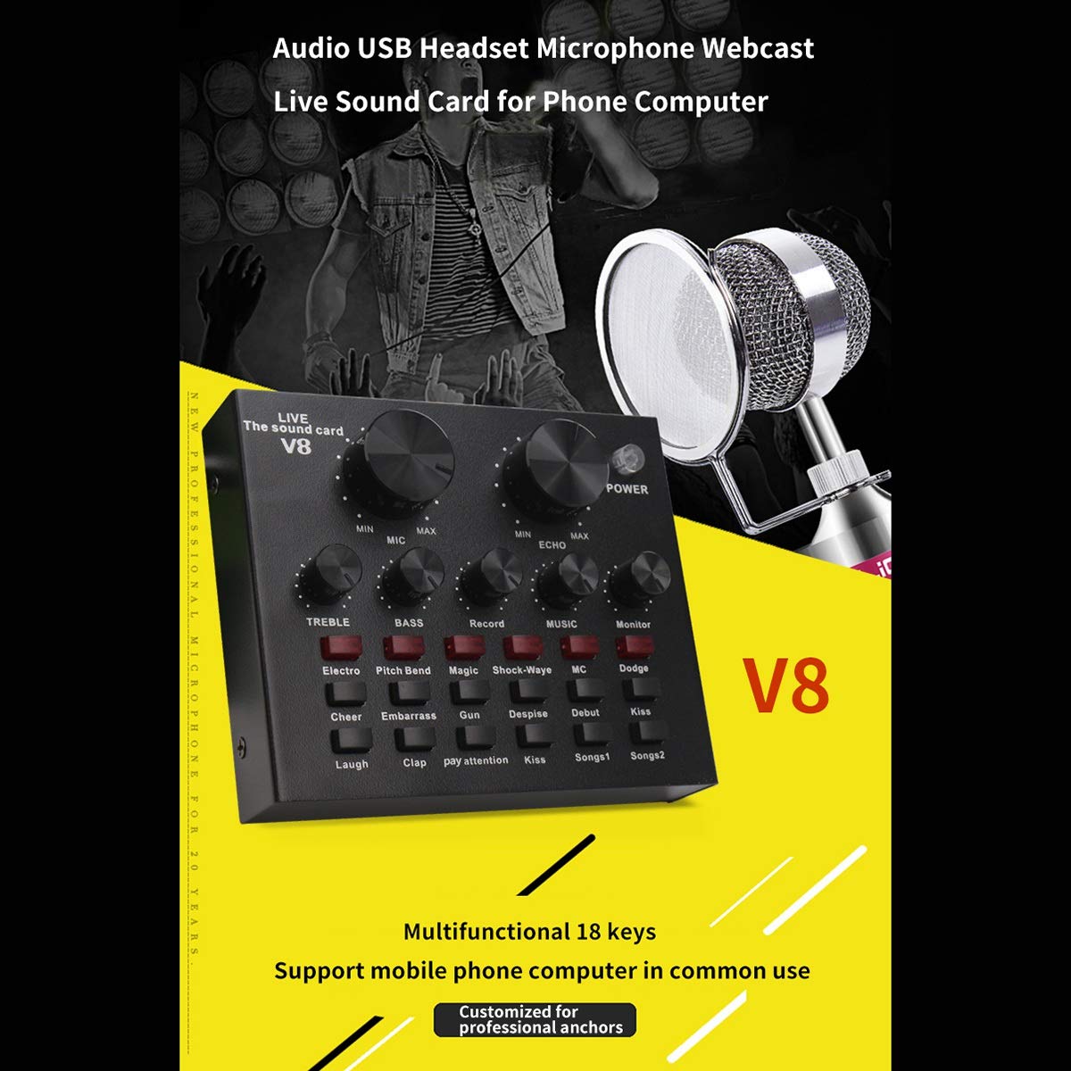 Scheda Audio V8 Interfaccia Set Audio USB Esterno Microfono Live Scheda Audio Funzione per PC Registrazione del Telefono Cellulare Cellulare