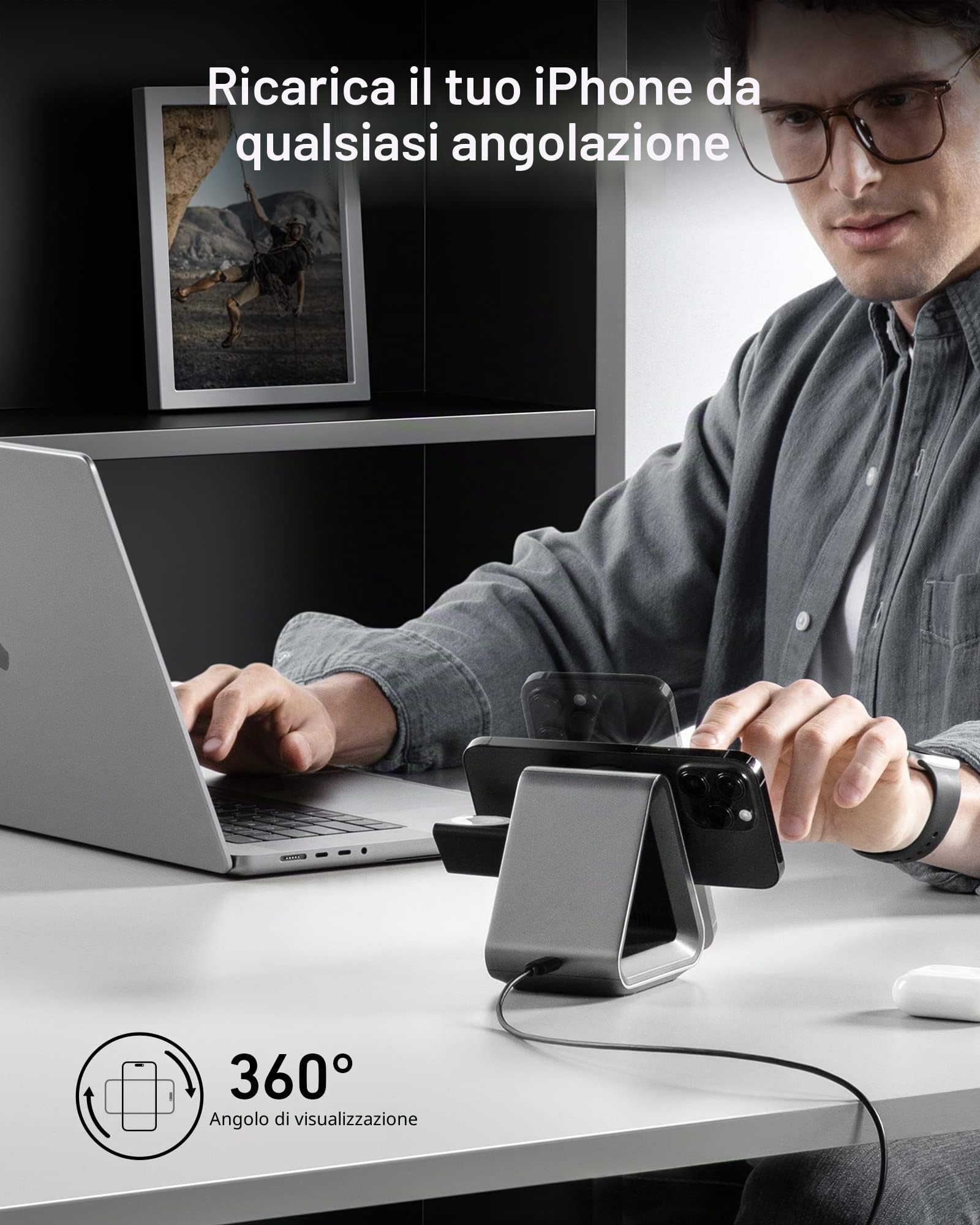 MagSafe, Anker 737 MagGo Charger (stazione 3 in 1) con ricarica rapida 15 W Max certificata MFi, per iPhone 14/13/12 Series, Apple Watch S8/7/6, AirPods 3/Pro (caricatore USB-C 30 W incluso)