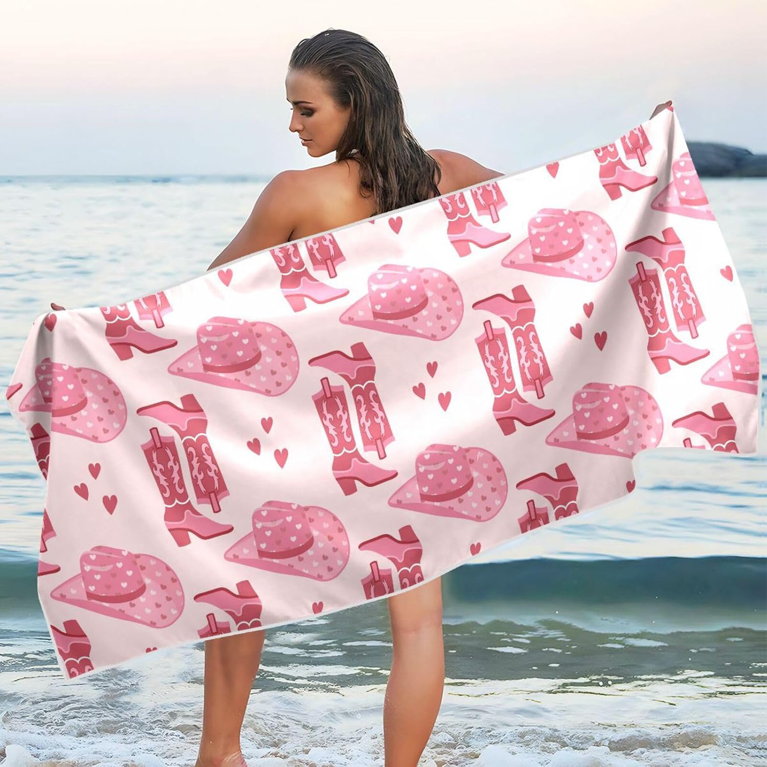 Gredecor Oversized Lightweight Beach Towel 71"x31" Cute Pink Cowgirl Hats Boots Extra Large Thin Sand Free Towels for Travel Swim Pool Yoga Gym Camping Adults Kids